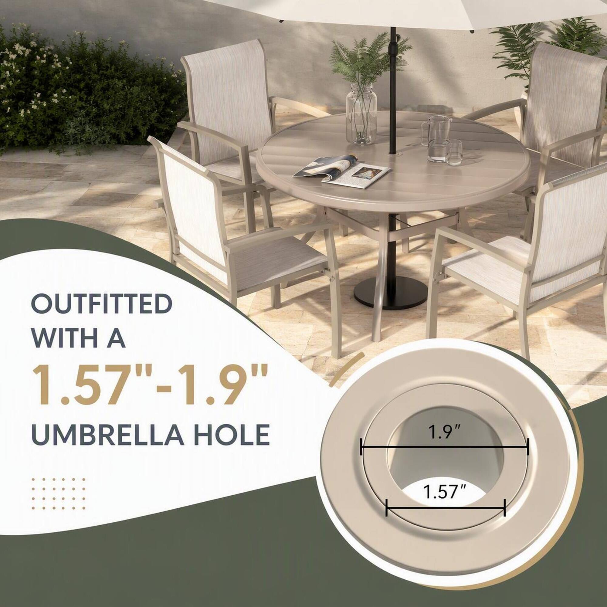 OUTFITTED WITH A 1.57"-1.9" UMBRELLA HOLE