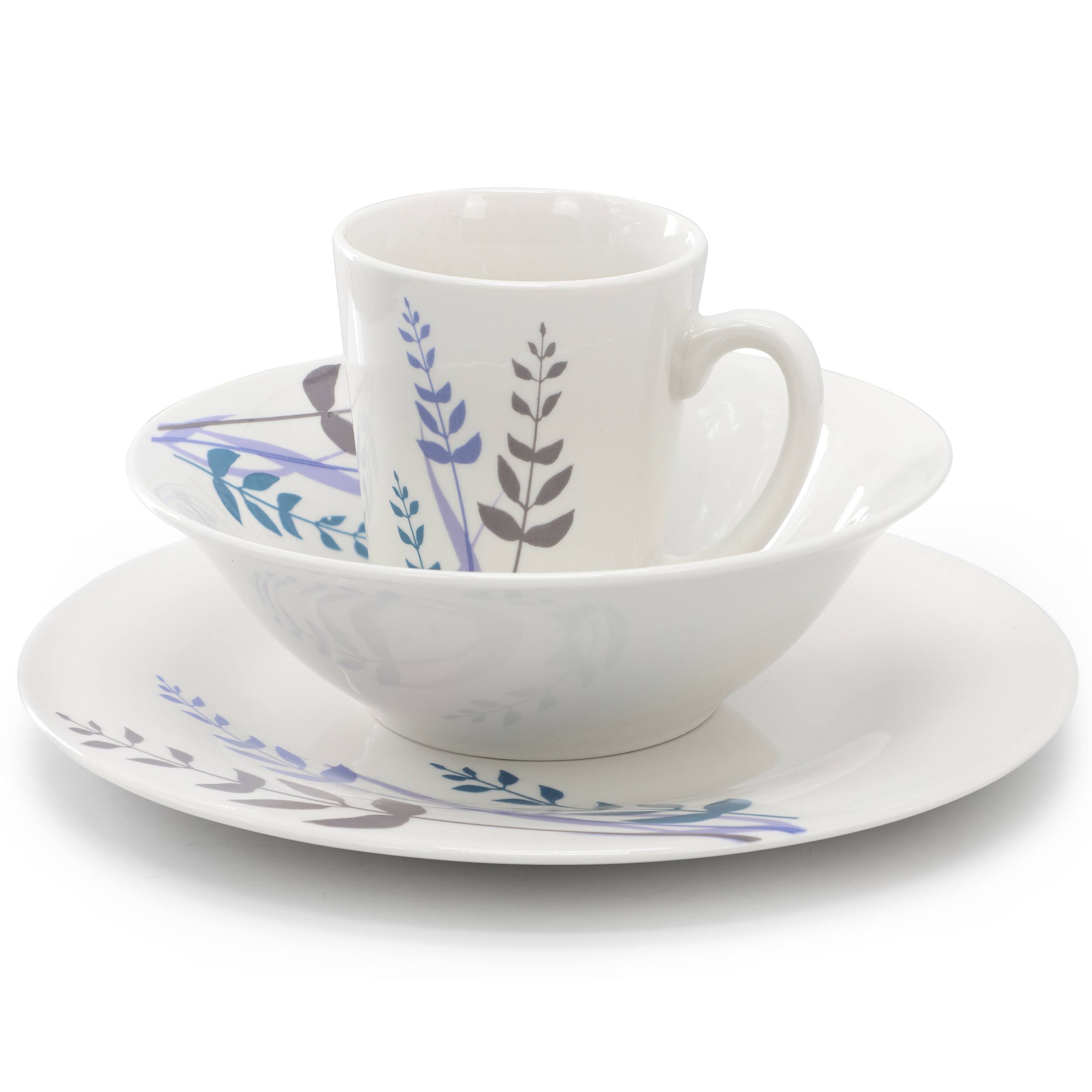 Alt View 1. Gibson - Gibson Home Blue Leaves 12 Piece Round Fine Ceramic Decorated Dinnerware Set in White - White.