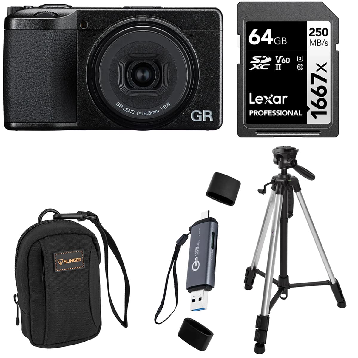 Bundle - Ricoh - GR IV Digital Camera, with 64GB Memory Card, Card Reader, Bag, Tripod