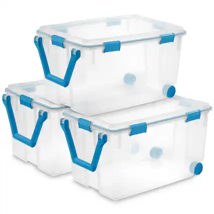Front. Sterilite - Sterilite 120 Qt Wheeled Gasket Box Stackable Storage Bin with Latch Lid, 3 Pack - Clear.