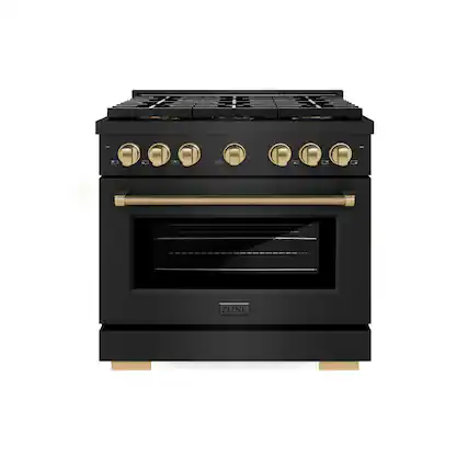 Front. ZLINE - Autograph 36 in. 5.2 Cu. Ft. Freestanding Paramount DuoPro Gas Range in Black Steel with Champagne Bronze Helix Handle - Black Stainless Steel.