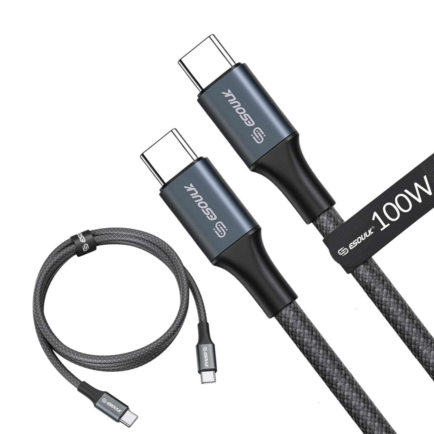 Esoulk - USB-C to USB-C Cable, 100W Type-C Fast Charging Cable for MacBooks, iPads, iPhones, 6FT Braided Nylon Cord - Black