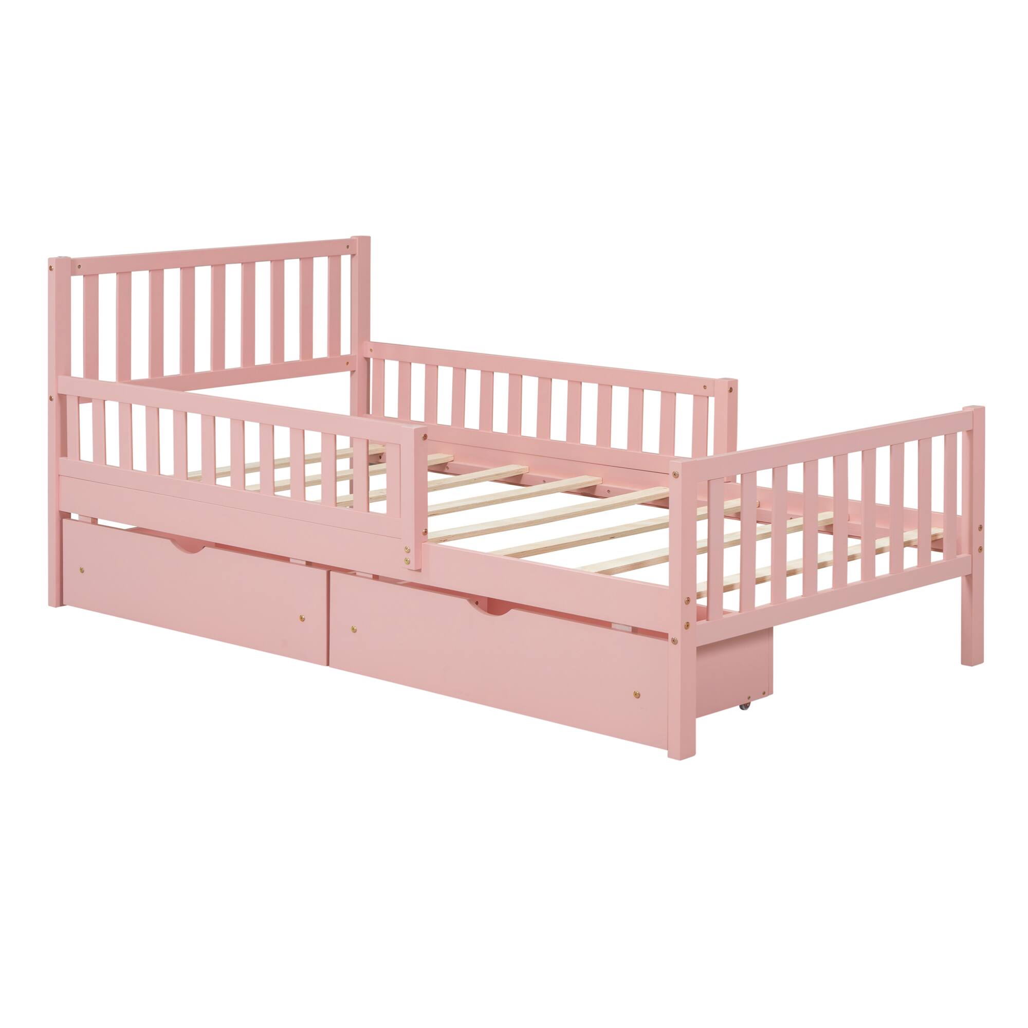 Back. GOODSILO - Twin Size Wood Platform Bed with Dual Guardrails and Underbed Storage Drawers for Enhanced Safety and Organization - Pink.