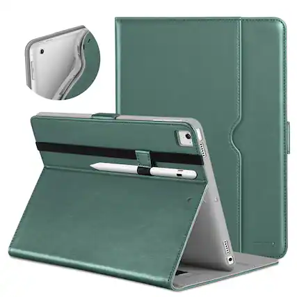 Front. DTTO - for iPad 9.7 Inch 5th/6th Gen 2018/2017 Case with Apple Pencil Holder, Premium Leather Folio Stand Cover Case - Midnight Green.