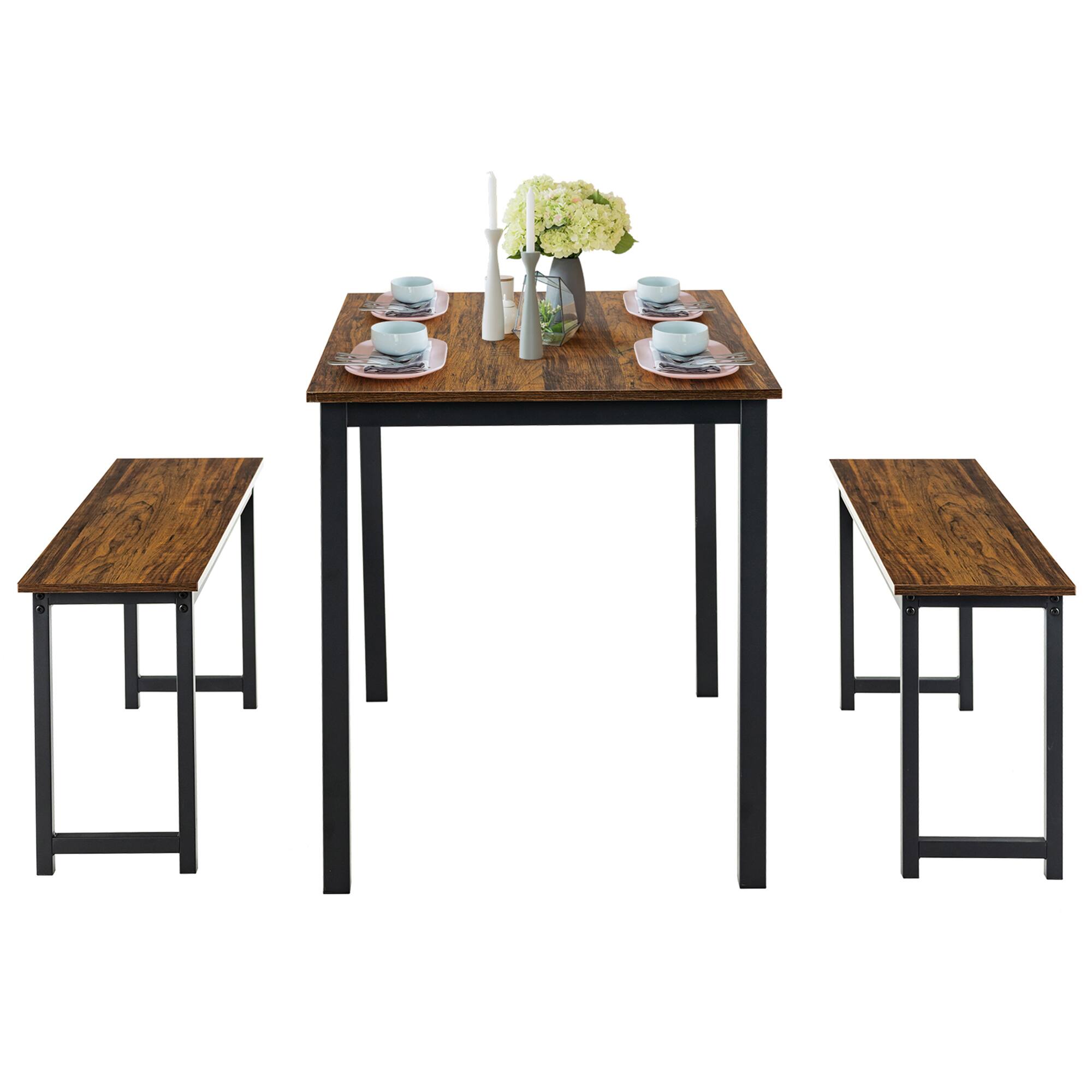 Alt View 9. Gymax - Gymax Modern 3 PCS Dining Table Bench Set w/ Metal Frame & Wooden Tabletop Brown - Retro Brown.