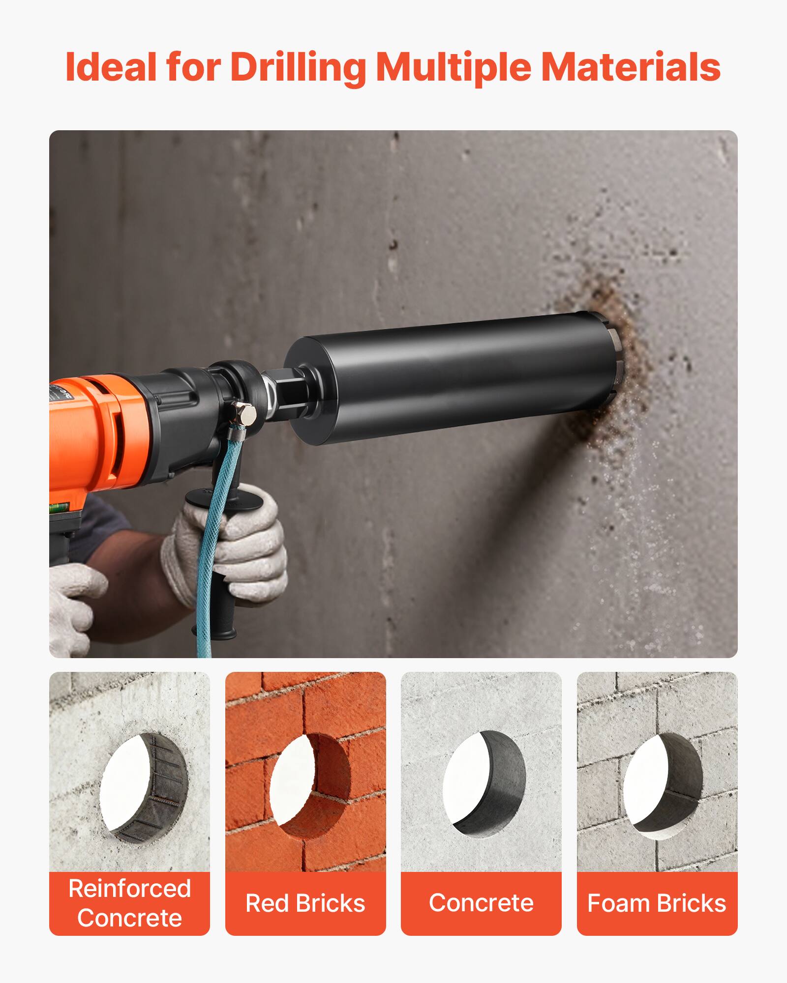 Ideal for Drilling Multiple Materials

- Reinforced Concrete
- Red Bricks
- Concrete
- Foam Bricks