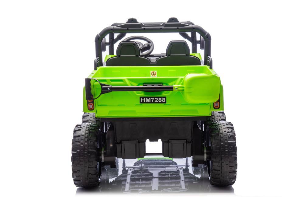 Back. BreeBe - 24V 2-Seater Kids Ride On Dump Truck, 4WD 6-Wheel w/ Remote, Electric Dump Bed, Toy Shovel, Music, Suspension, Ages 3+ - Green.