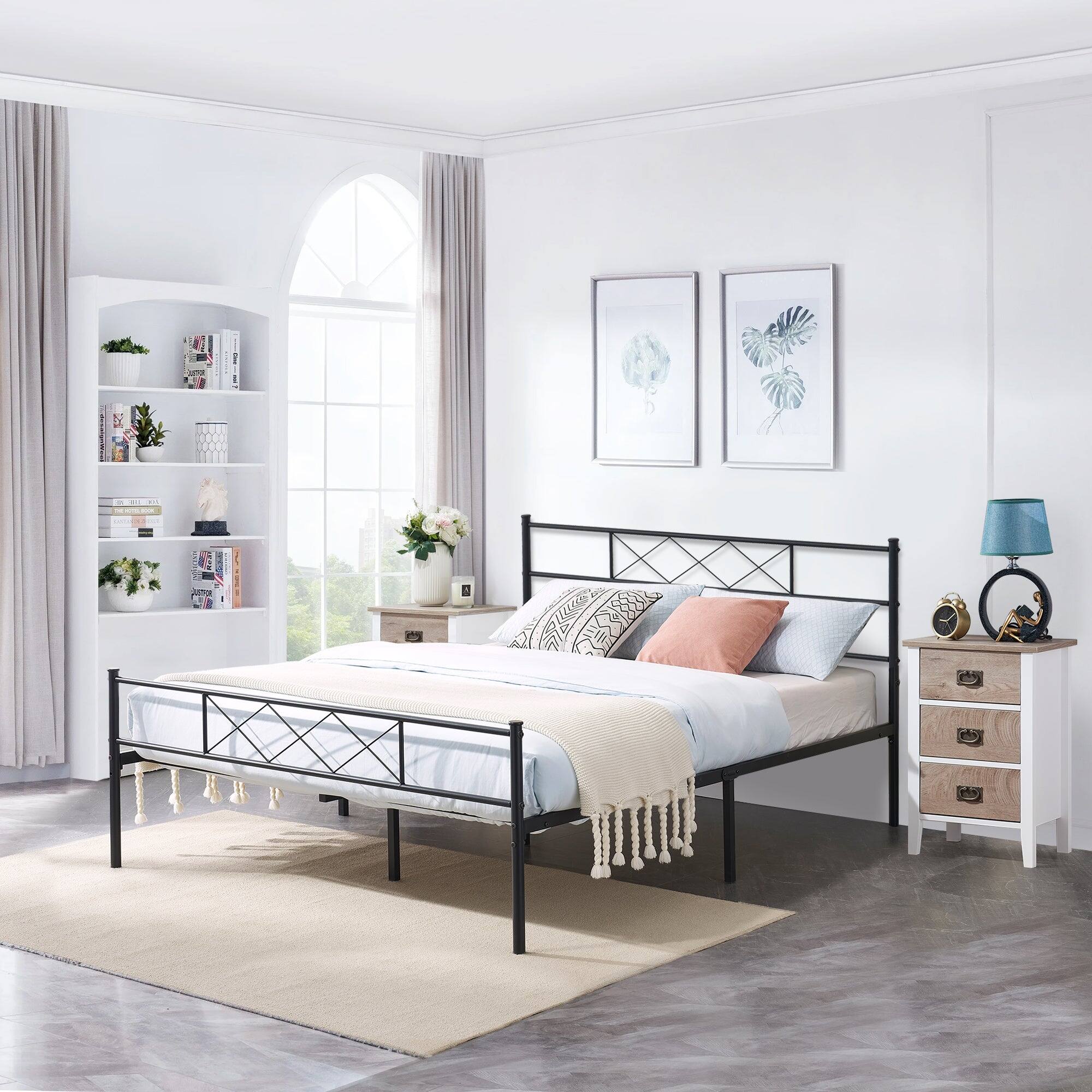 Alt View 3. Vecelo - Modern Sturdy Full Size Metal Bed Frame with Storage, Headboard & Footboard, Noise-Free Platform Bed - Full Black.