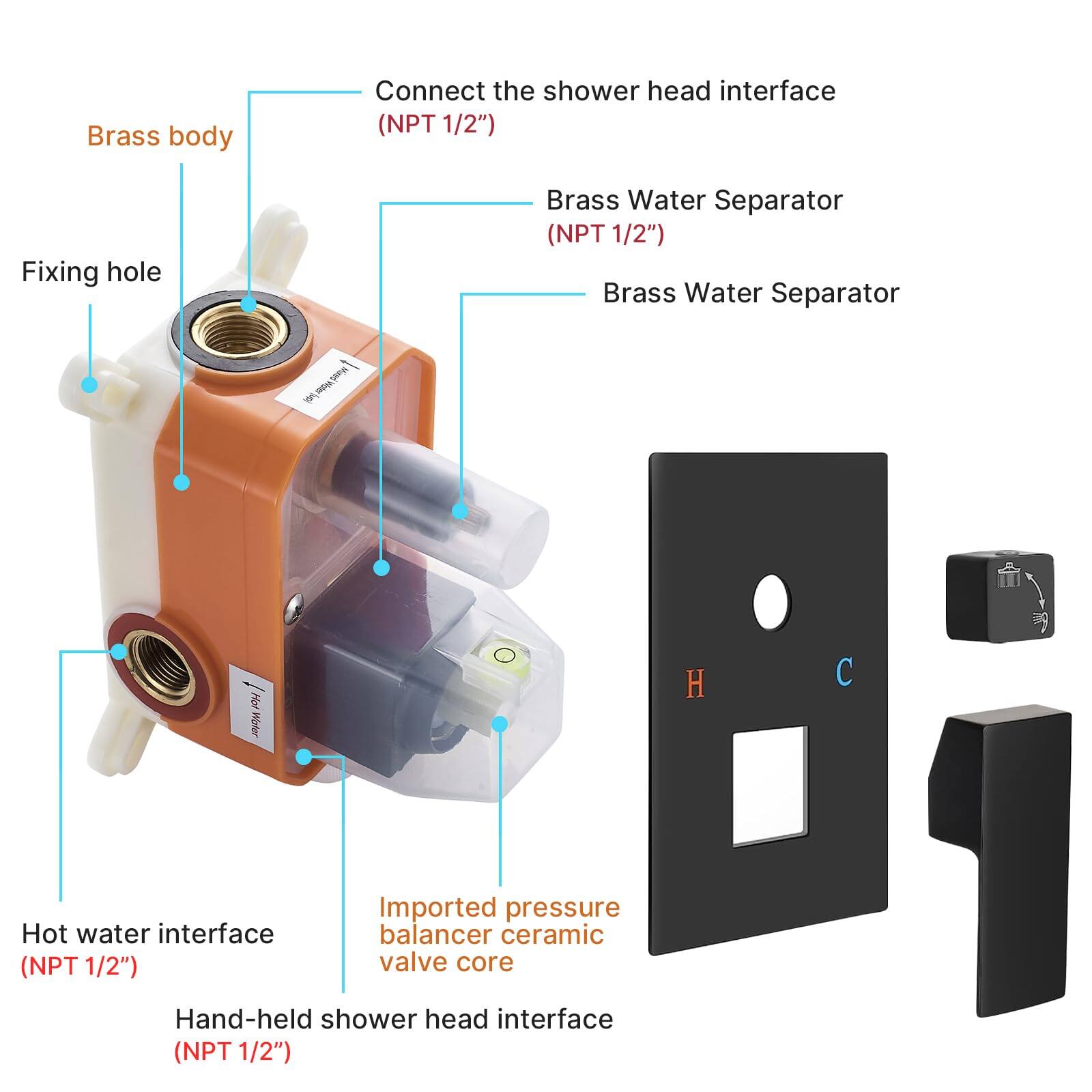 - Brass body
- Fixing hole
- Connect the shower head interface (NPT 1/2")
- Brass Water Separator (NPT 1/2")
- Hot water interface (NPT 1/2")
- Hand-held shower head interface (NPT 1/2")
- Imported pressure balancer ceramic valve core
- Brass Water Separator