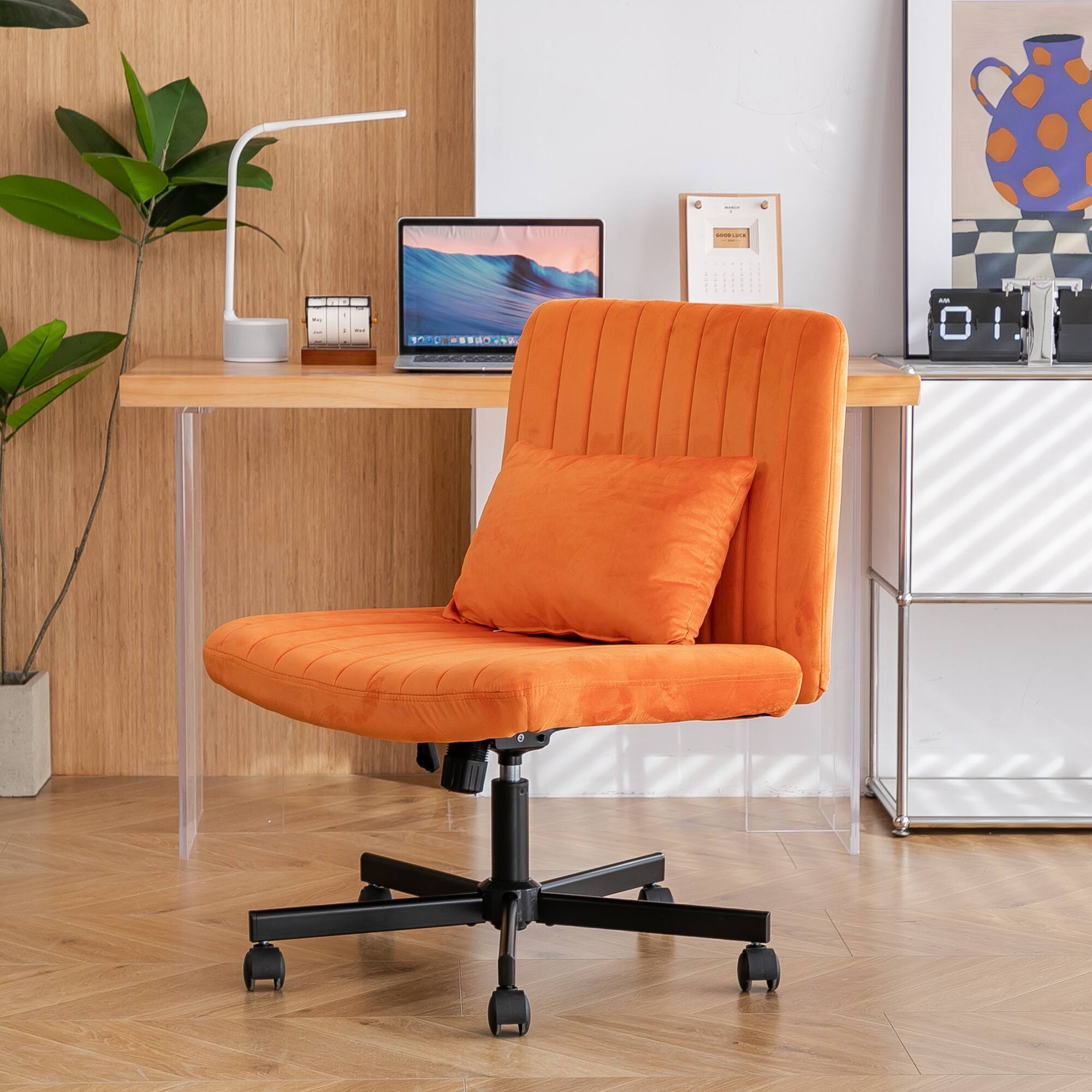 Alt View 7. GOODSILO - Linen Upholstered Ergonomic Office Chair with Adjustable Height and Tilt Mechanism for Home Workspaces - Orange.