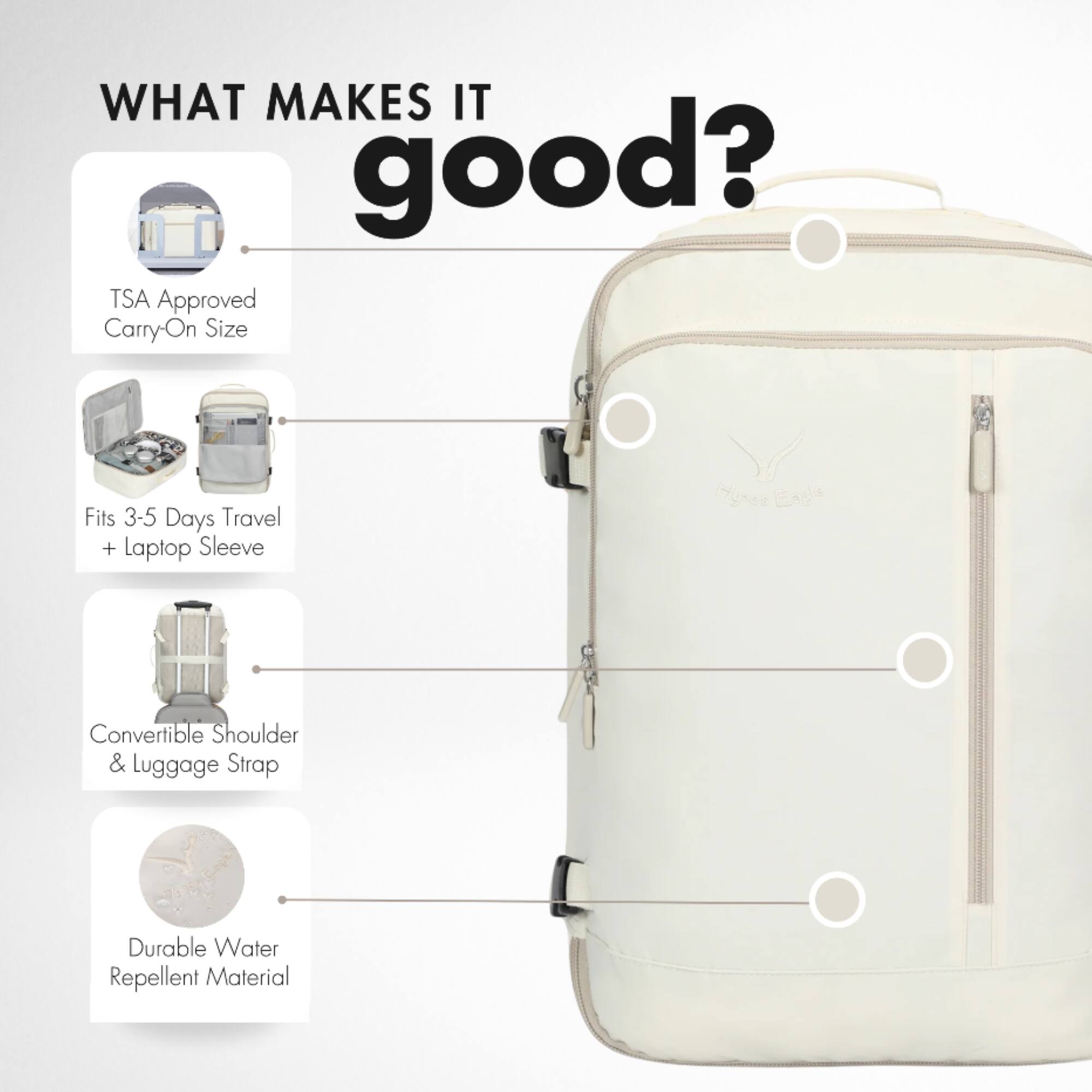 WHAT MAKES IT good?
TSA Approved Carry-On Size
Fits 3-5 Days Travel + Laptop Sleeve
Convertible Shoulder & Luggage Strap
Durable Water Repellent Material