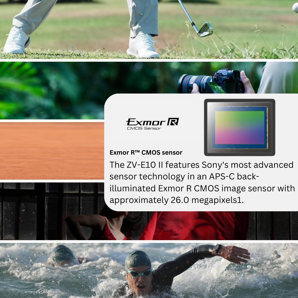 Exmor R CMOS Sensor

The ZV-E10 II features Sony's most advanced sensor technology in an APS-C back-illuminated Exmor R CMOS image sensor with approximately 26.0 megapixels1.