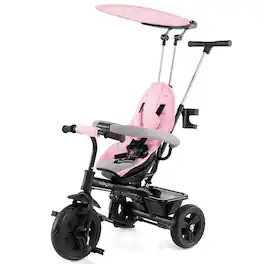 Costway - Toddler Tricycle, 7 in 1 Push Trike with Adjustable Canopy Parent Push Handle Seat - Pink,Black