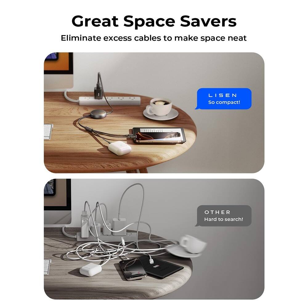 Great Space Savers  
Eliminate excess cables to make space neat  

LISTEN  
So compact!  

OTHER  
Hard to search!