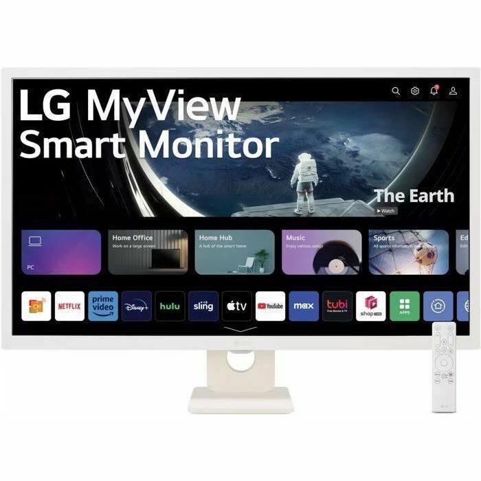 LG MyView Smart Monitor  
The Earth  
Watch Home Office  
Home Hub  
Music  
Enjoy Sports  
Ed  
PC  
prime  
NETFLIX  
video  
Disney+  
hulu  
sling tv  
YouTube  
max  
tubi  
shop  
APPS