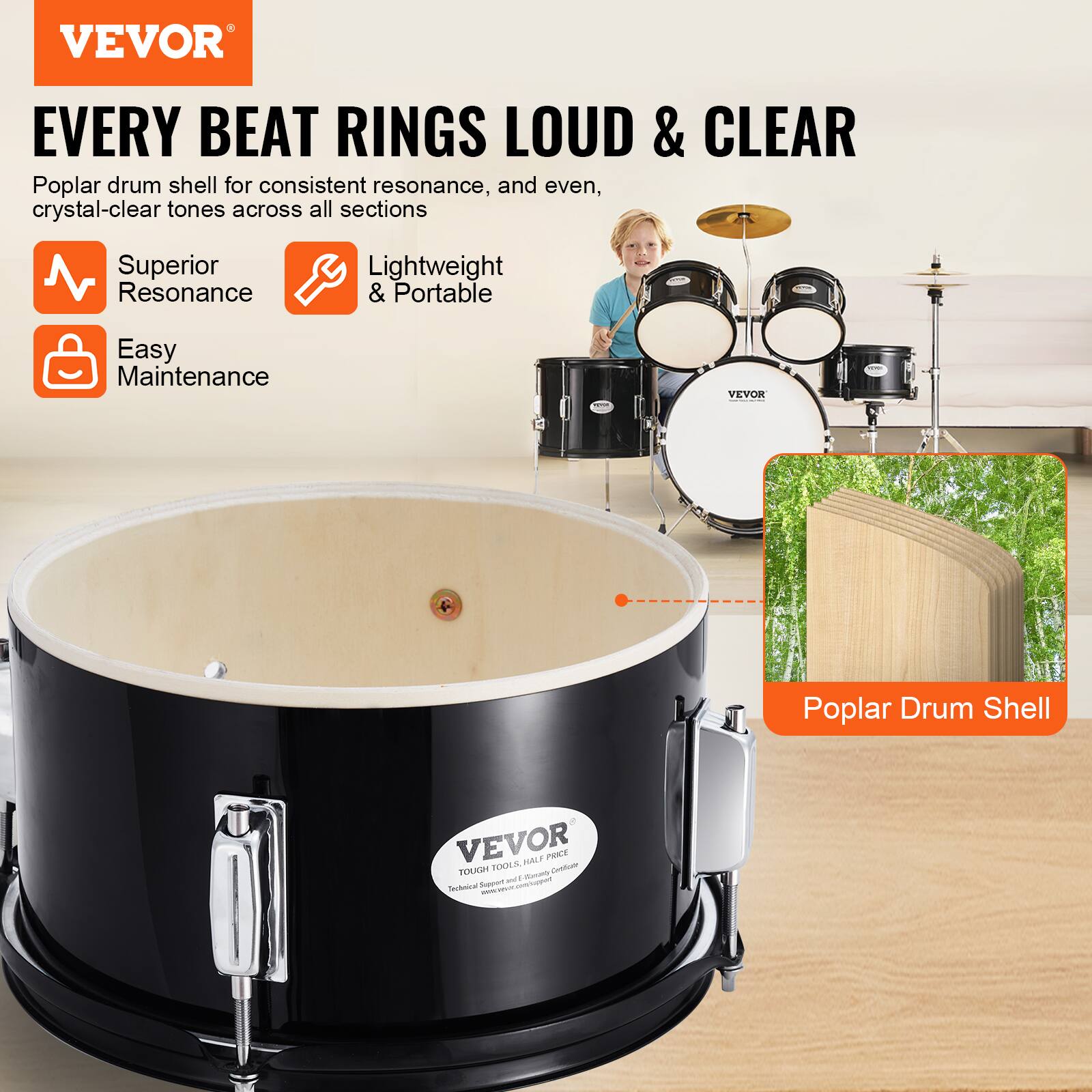 VEVOR

EVERY BEAT RINGS LOUD & CLEAR

Poplar drum shell for consistent resonance, and even, crystal-clear tones across all sections

- Superior Resonance
- Lightweight & Portable
- Easy Maintenance

Poplar Drum Shell
