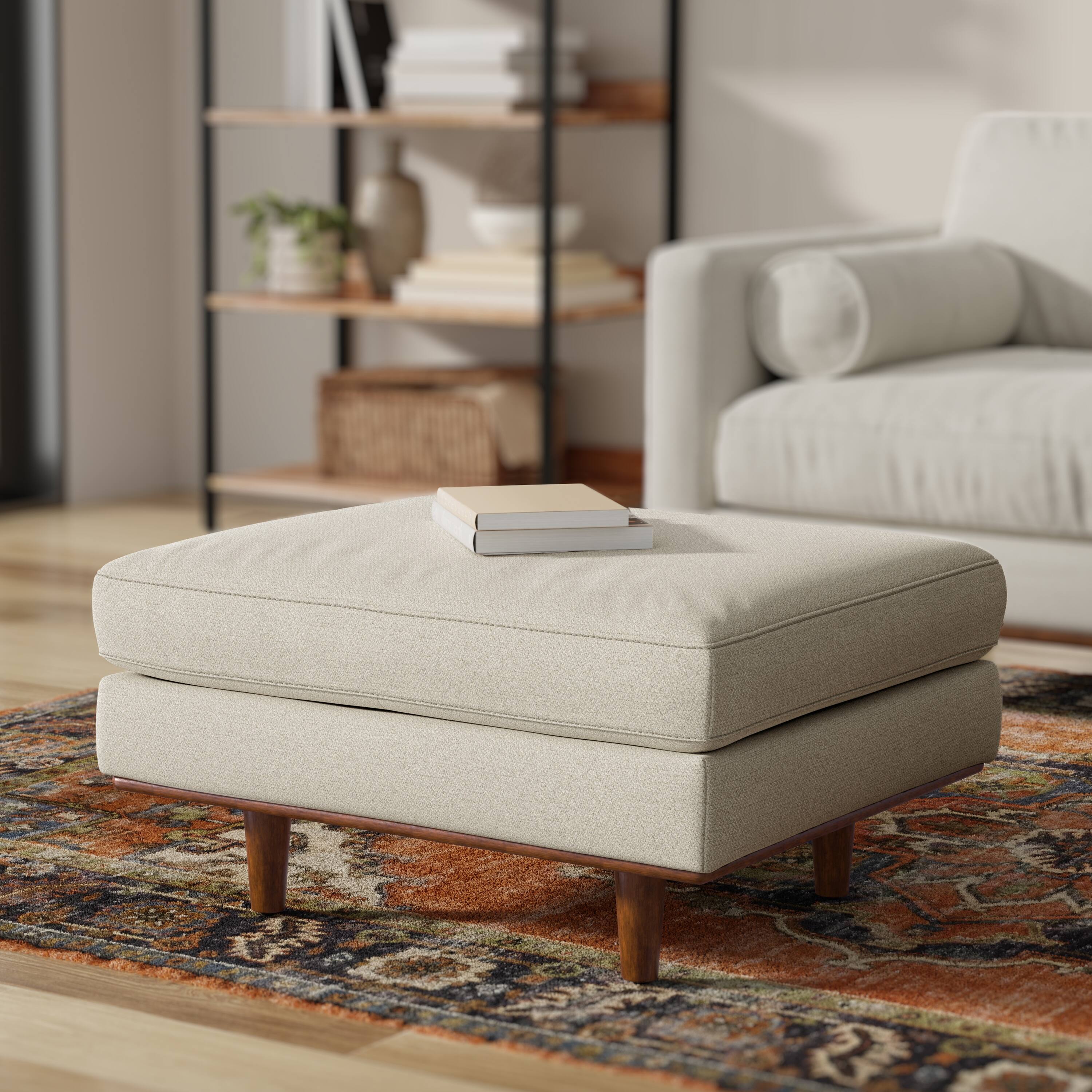 Angle. Simpli Home - Morrison 33 inch Wide Mid-Century Modern Table Ottoman in Cream White Woven-Blend Fabric - Cream White.