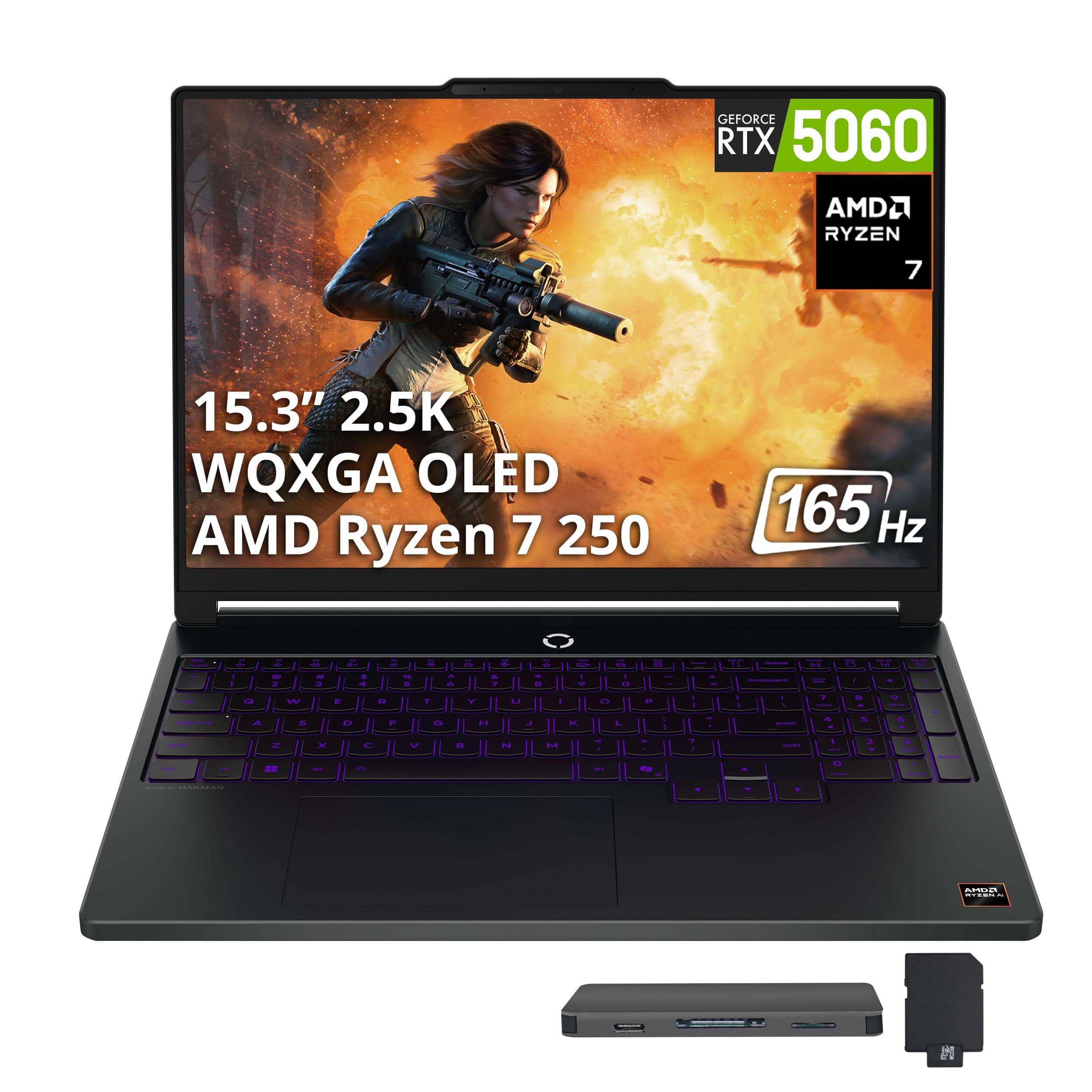 Lenovo - Legion 5 15.3" Gaming Laptop,AMD Ryzen 7 250,GeForce RTX 5060,16GB DDR5,1TB SSD+1TB Dock,Backlit,Win 11 - Black