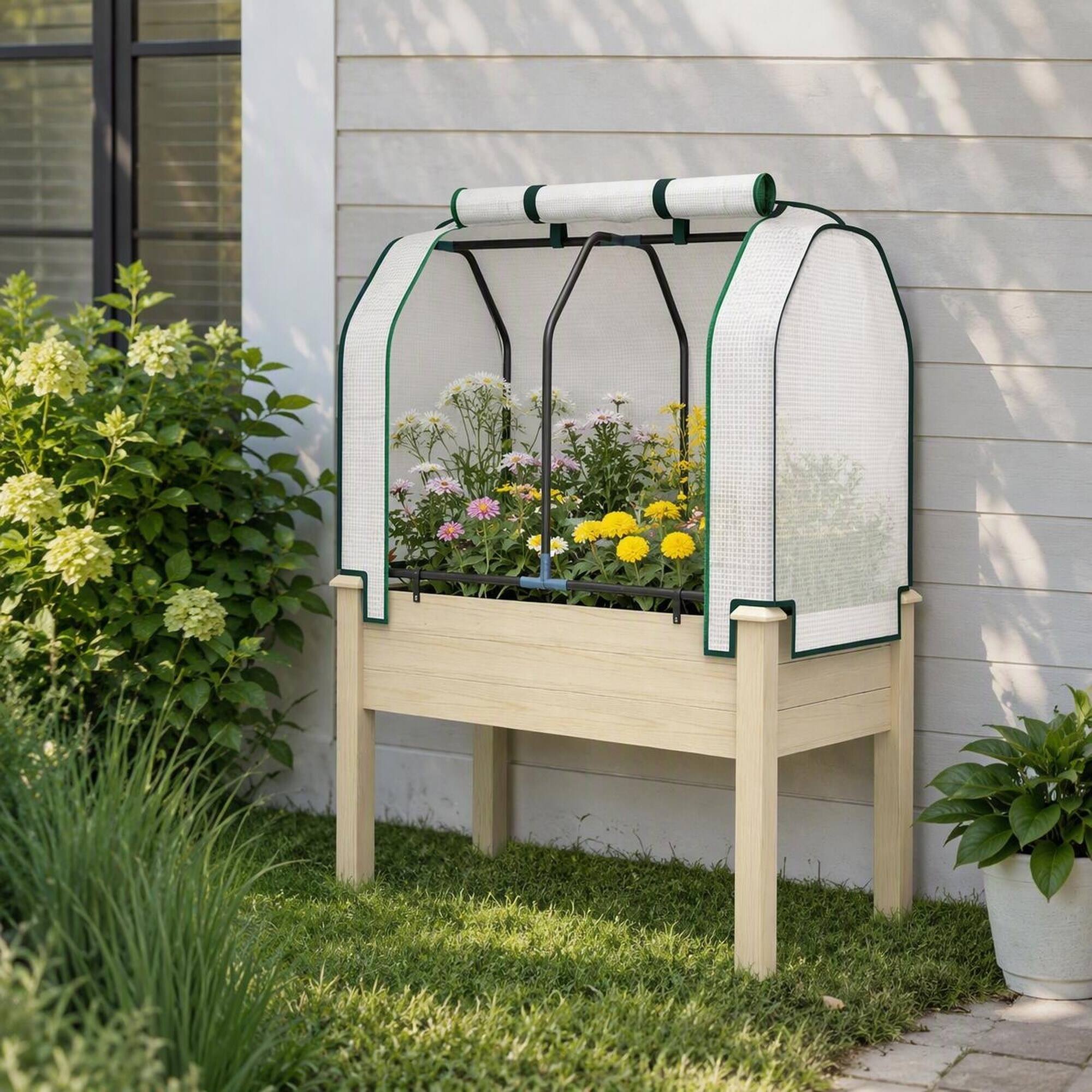 Angle. RYHNUYNE - Compact Outdoor Raised Garden Bed with Fir Wood and Steel Frame, Breathable Fabric Planter Box with Roll-Up PE - Natural Wood.