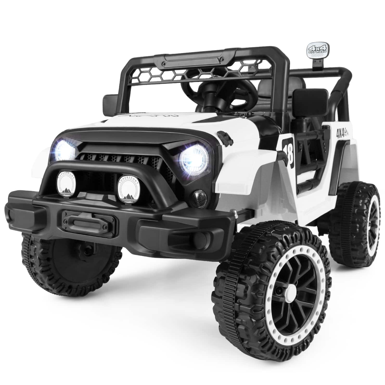 Costway - 12V Kids Ride on Truck with Remote Control 3 Speeds LED Lights Horn Music Story - Black + White