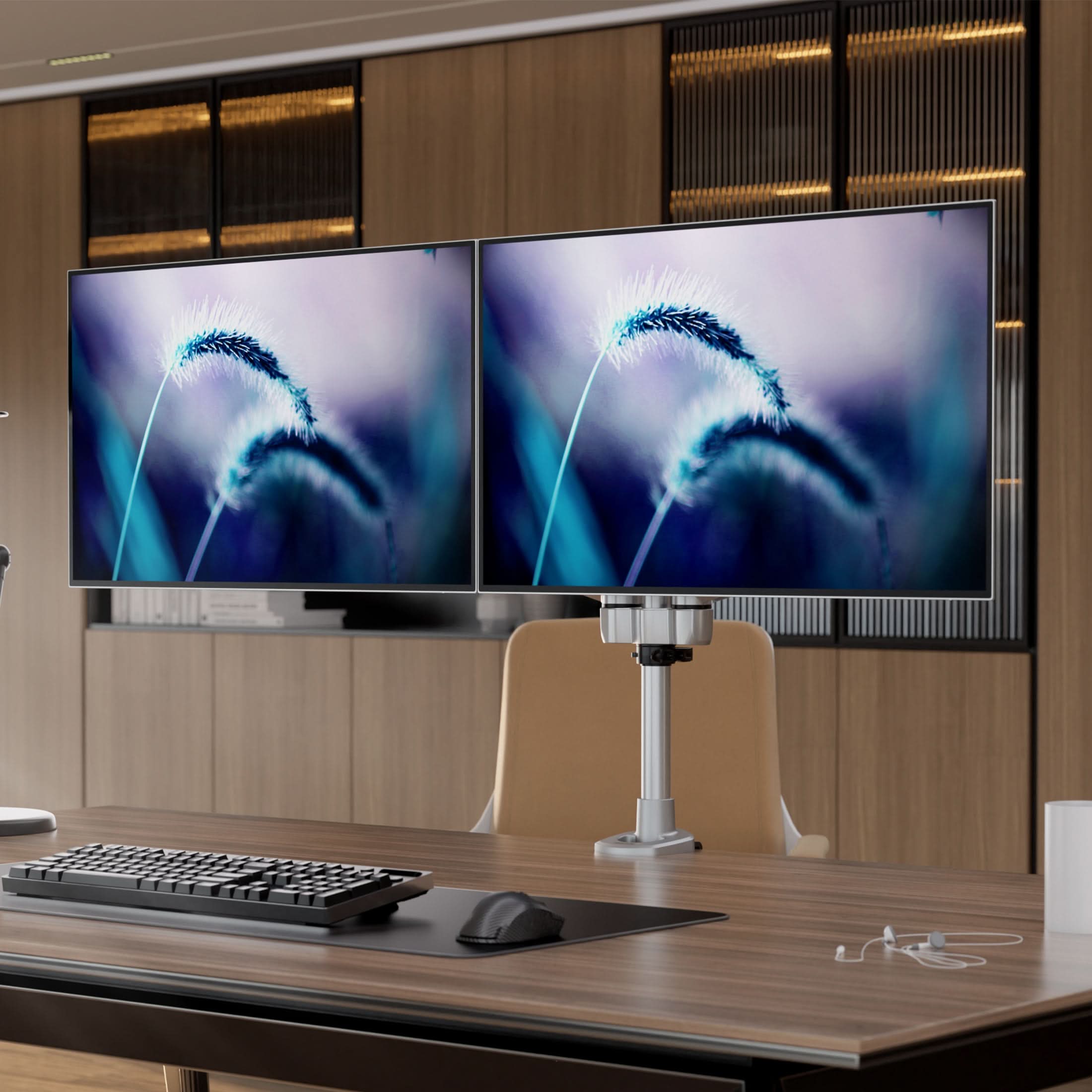 Angle. Mount-It! - CLiX Series Dual Wide Adjustable Monitor Desk Mount – Full Motion Dual Arm for Two 13"-32" Screens, Silver - Silver.