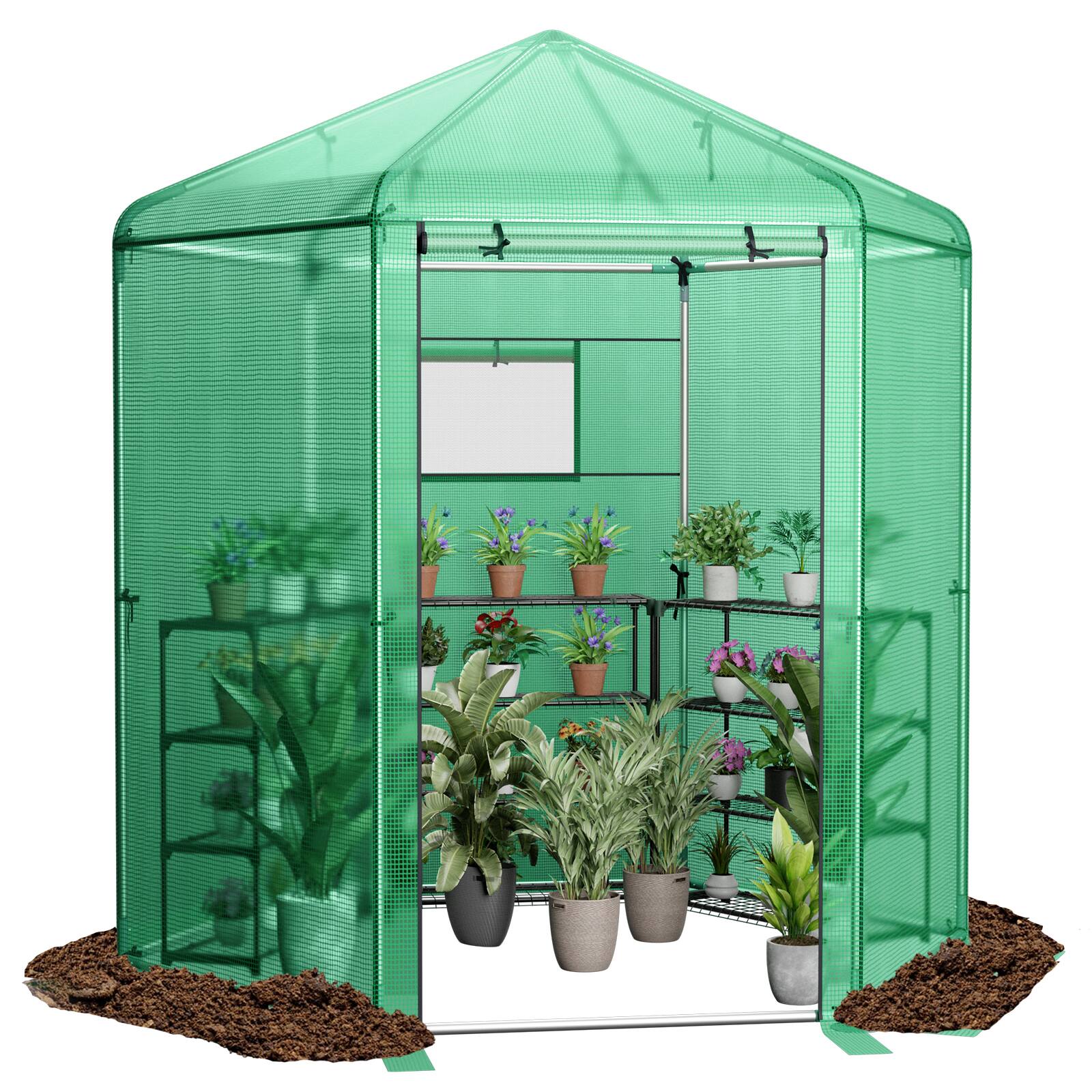 Back. SlickBlue - Walk-In Hexagonal Greenhouse with PE Cover and Metal Frame - Green.