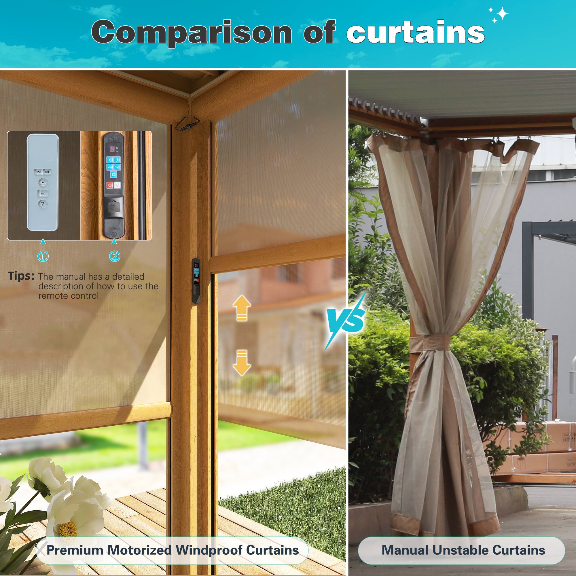 Comparison of curtains

Tips: The manual has a detailed description of how to use the remote control.

Premium Motorized Windproof Curtains vs Manual Unstable Curtains
