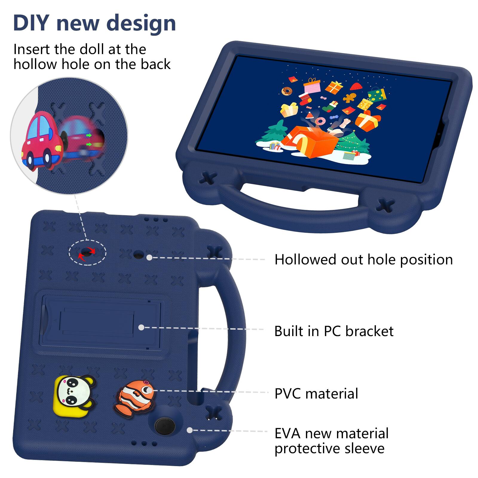 DIY new design  
Insert the doll at the hollow hole on the back  

- Hollowed out hole position  
- Built in PC bracket  
- PVC material  
- EVA new material protective sleeve