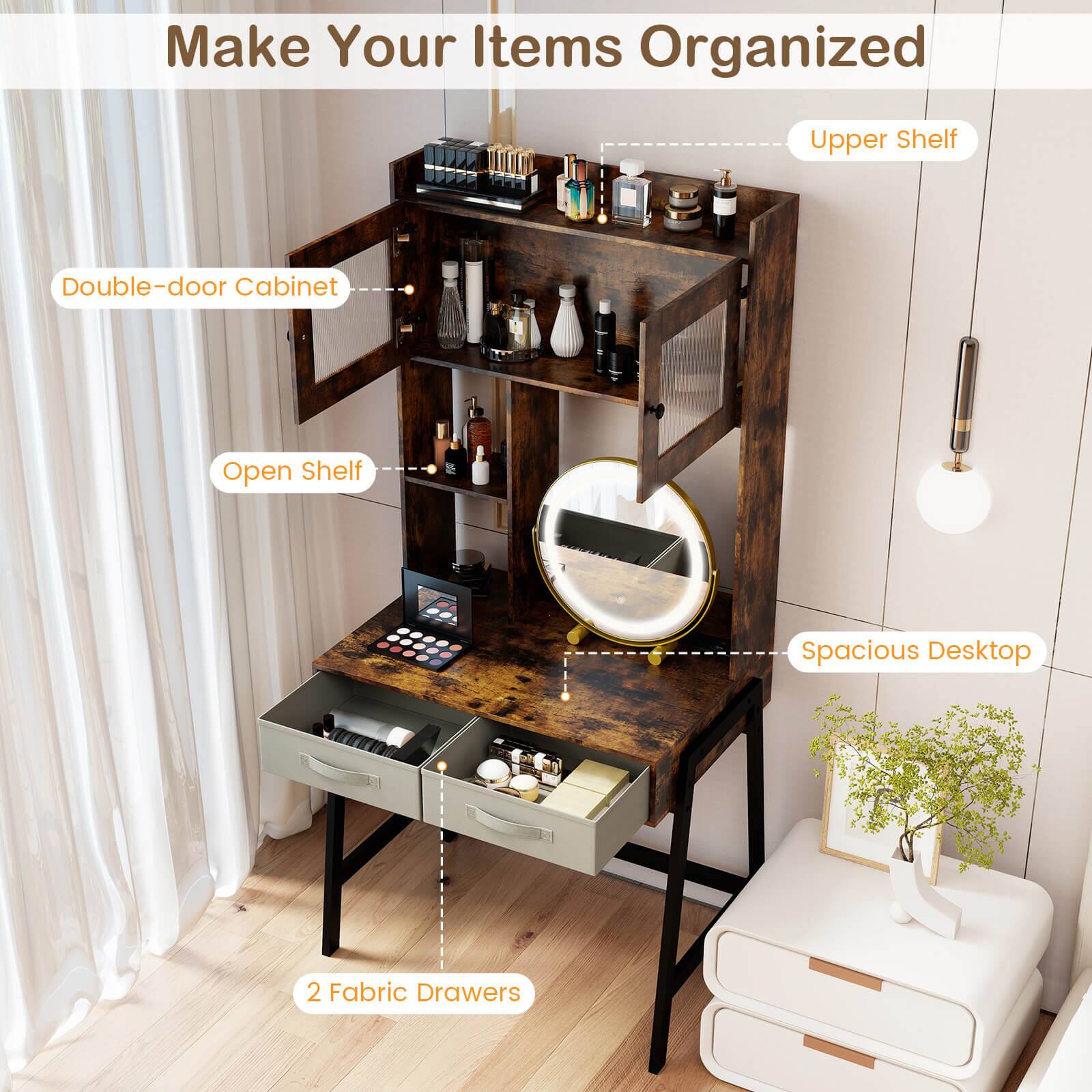 Make Your Items Organized  
Upper Shelf  
Double-door Cabinet  
Open Shelf  
Spacious Desktop  
2 Fabric Drawers