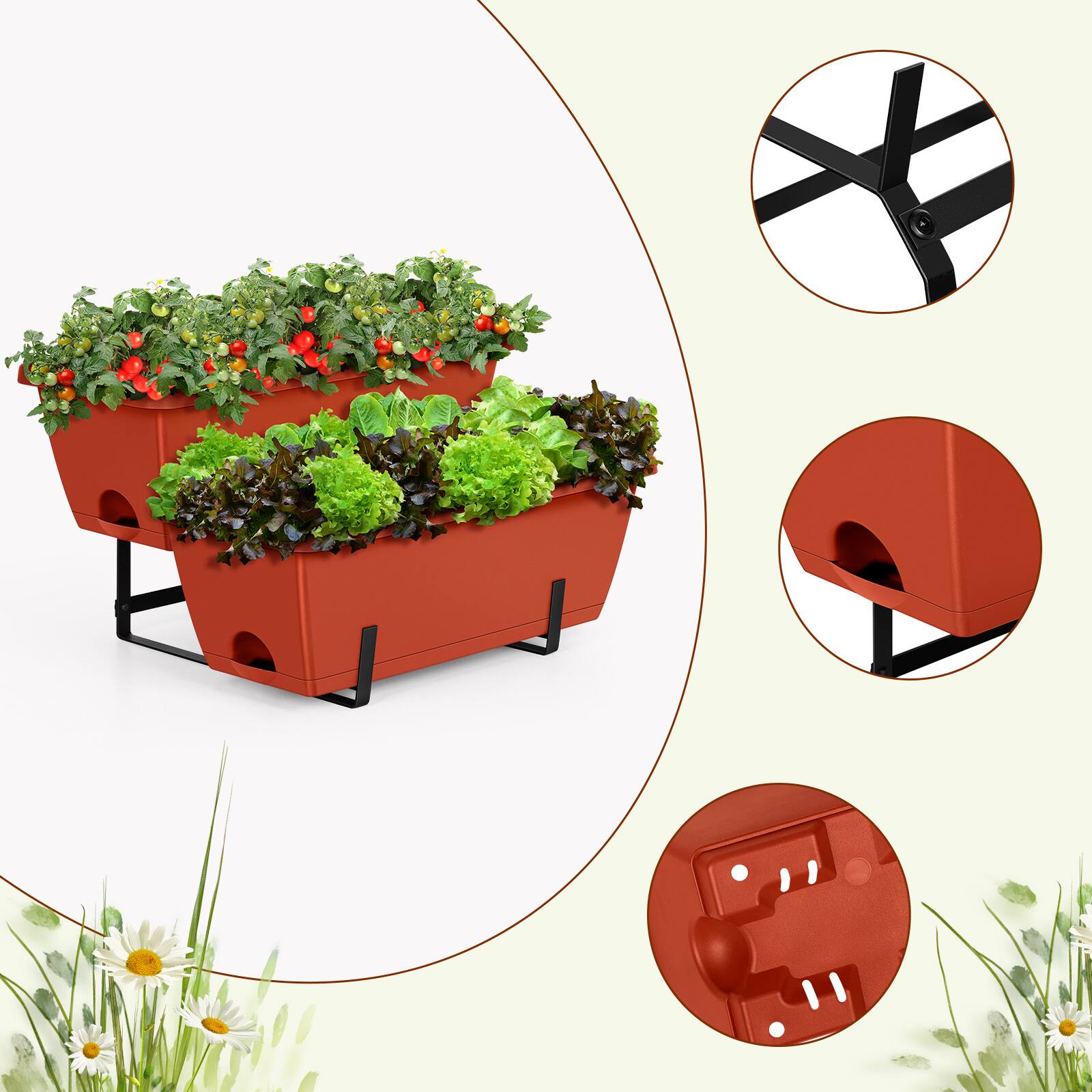 Back. Oumilen - Raised 2-Piece Garden Planter Set, Brick Red Elevated Plastic Boxes w/ Metal Stand for Veggies Flowers Herbs Patio.