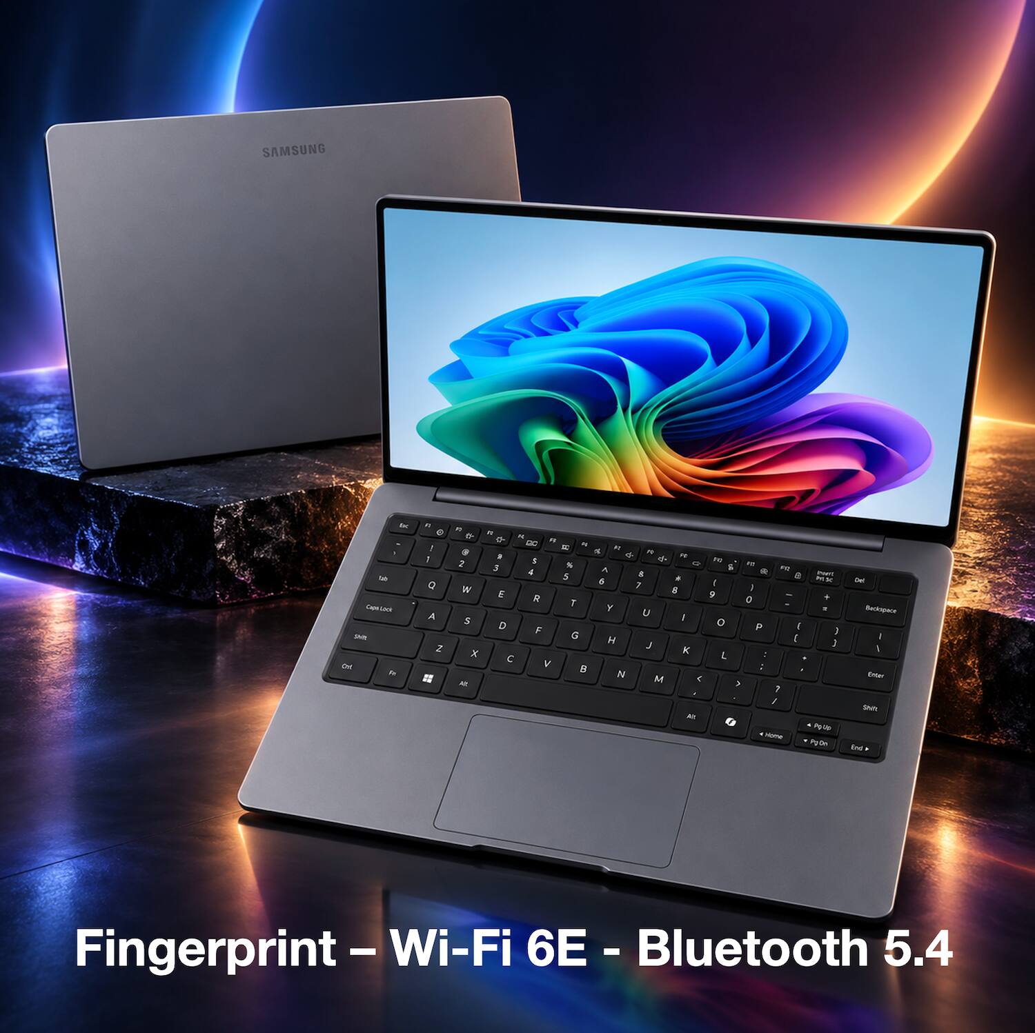 SAMSUNG  
Keep - Kele  .... Smille Crea Fm  
"  , , Q A Z  
FC  OIF 2 W S X AN  
~  TE 8 DC and N N x 3 ~ A 5 E R T D P G C V B  
N or of - + - - ^ M G - A 8 Y U I H J K N < M All  
F97 as r SP O L >  
FAT - - & , O P  ( / 2  / HOME  
X - , J LA the ~ DAIS  
thank Backspace 1 J Emer - Cruy  
Fingerprint  Wi-Fi 6E - Bluetooth 5.4