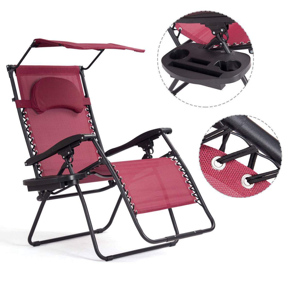 Alt View 6. Costway - Costway Folding Recliner Zero Gravity Lounge Chair W/ Shade Canopy Cup Holder - Wine Red.