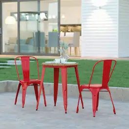 Emma + Oliver - Drew Indoor/Outdoor Dining Table, 23.75" Round All Weather Poly Resin Top with Steel Base - Brown Top/Red Frame