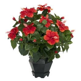 BreeBe - Hibiscus w/Black Hexagon Vase Silk Plant - Red