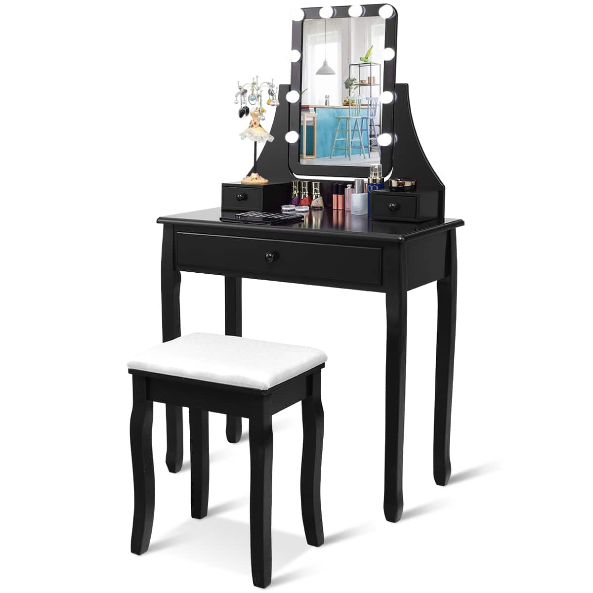 Front. Costway - Costway Vanity Table 10 Dimmable Bulbs Makeup Dressing Desk - Black.