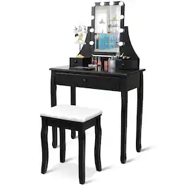 Costway - Vanity Table 10 Dimmable Bulbs Makeup Dressing Desk - Black