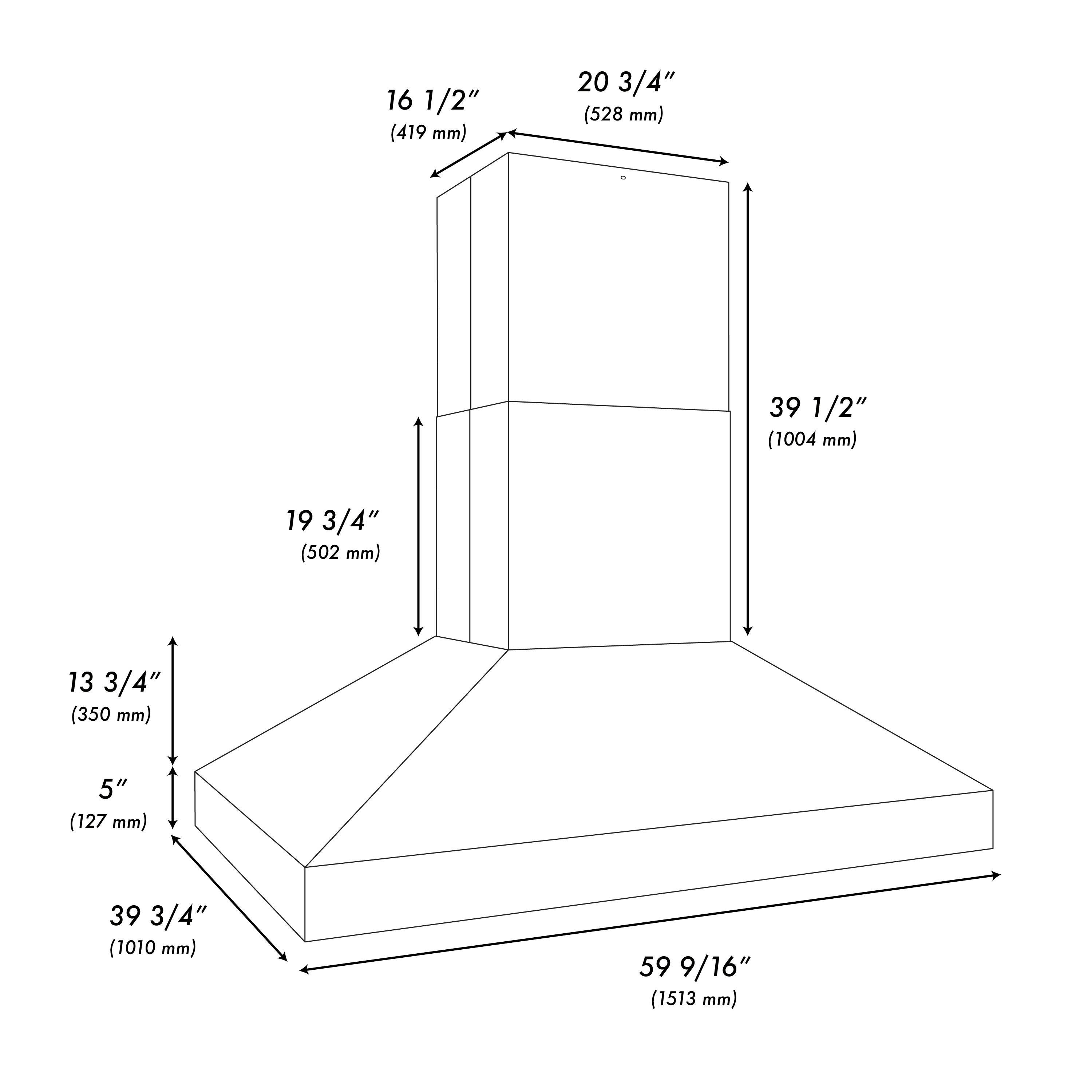 The text on the image reads:

16 1/2" (419 mm) 20 3/4" (528 mm) 39 1/2" (1004 mm) 19 3/4" (502 mm) 13 3/4" (350 mm) 5" (127 mm) 39 3/4" (1010 mm) 59 9/16" (1513 mm)