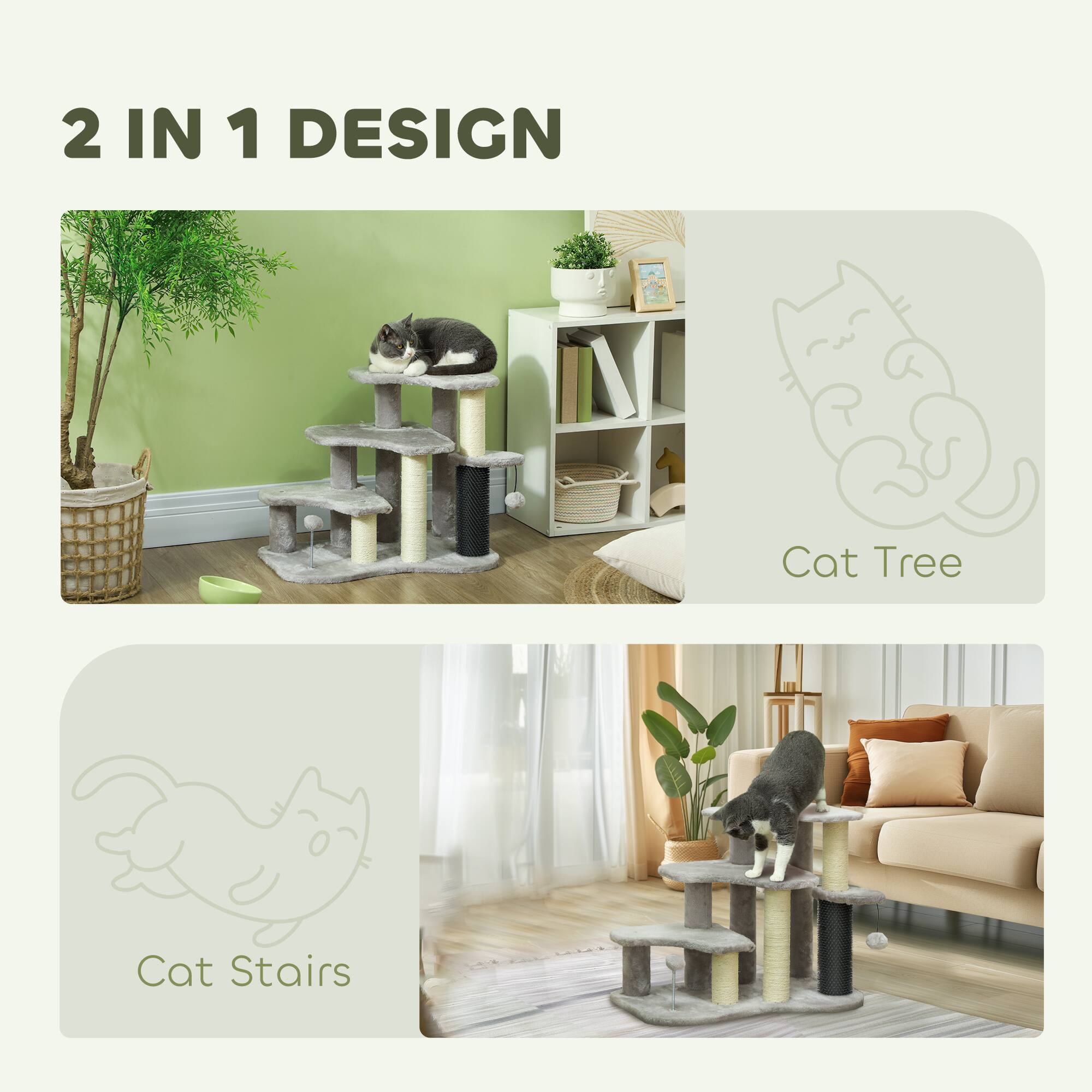 Back. Pawhut - 20" Pet Stairs for Cats, 2 in 1 3-Step Cat Tree Tower with Scratching Posts, Tickling Post, Toy Balls, for High Beds - Light Gray.