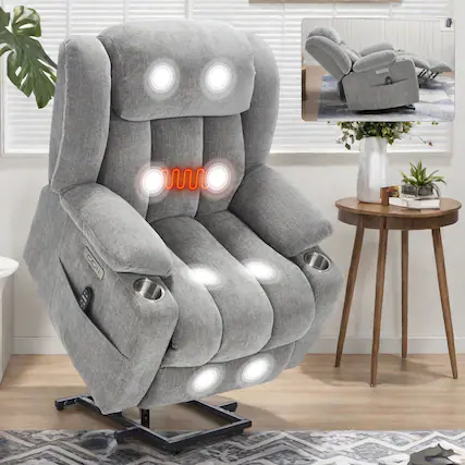 Front. PexFix - Power Lift Recliner Chair with Massage & Heat, 350 LBS Capacity, USB & Type-C Ports, for Elderly, Heavy Duty - Gray.