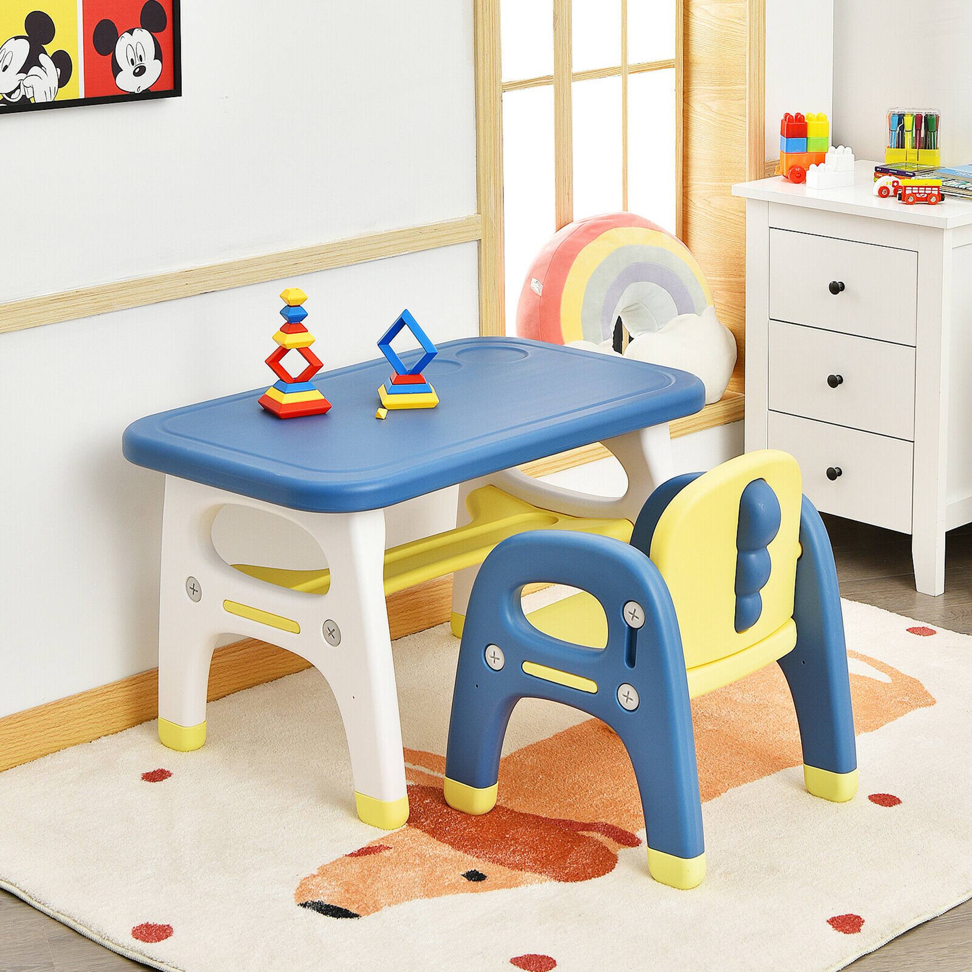 Alt View 3. Gymax - Gymax Kids Dinosaur Table and Chair Set Activity Study Desk w/ Building Blocks - Blue,Yellow.