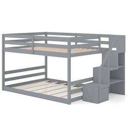 Pefilos - Full over Full Low Bunk Bed, Solid Wood Frame with 14+7 Plywood Slats, Storage Stairs (3 Compartments), 12.5" - Gray