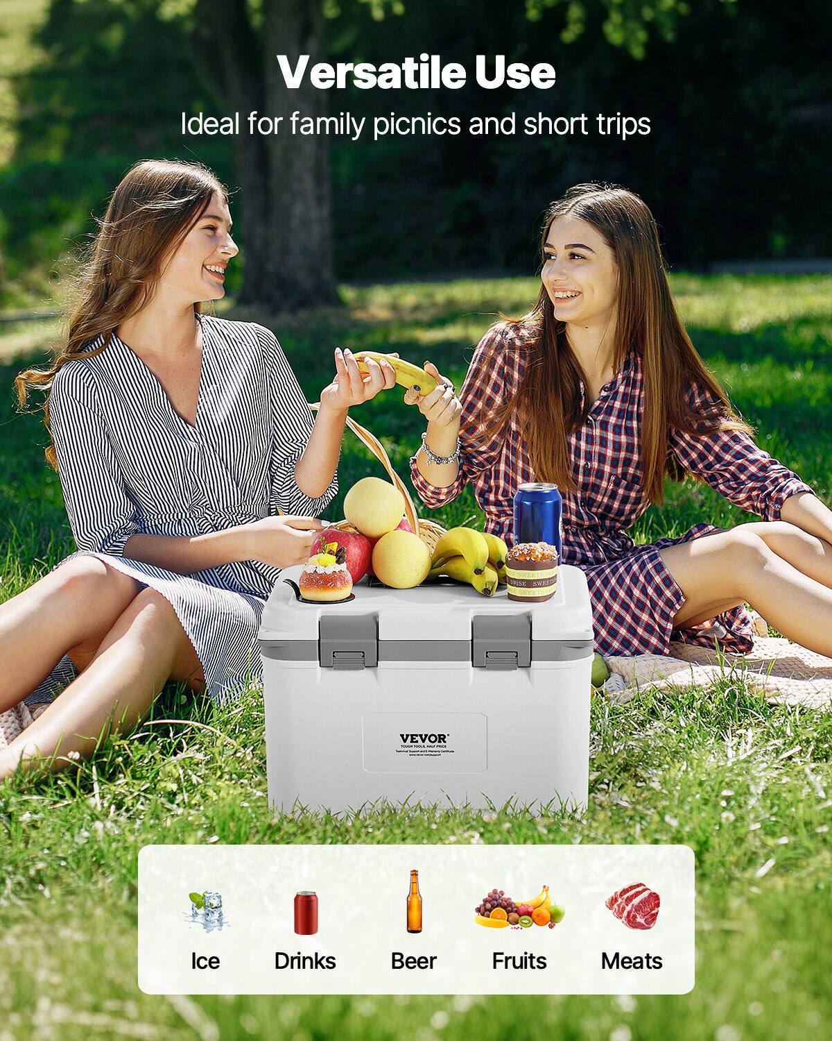 Versatile Use  
Ideal for family picnics and short trips  

Ice  
Drinks  
Beer  
Fruits  
Meats