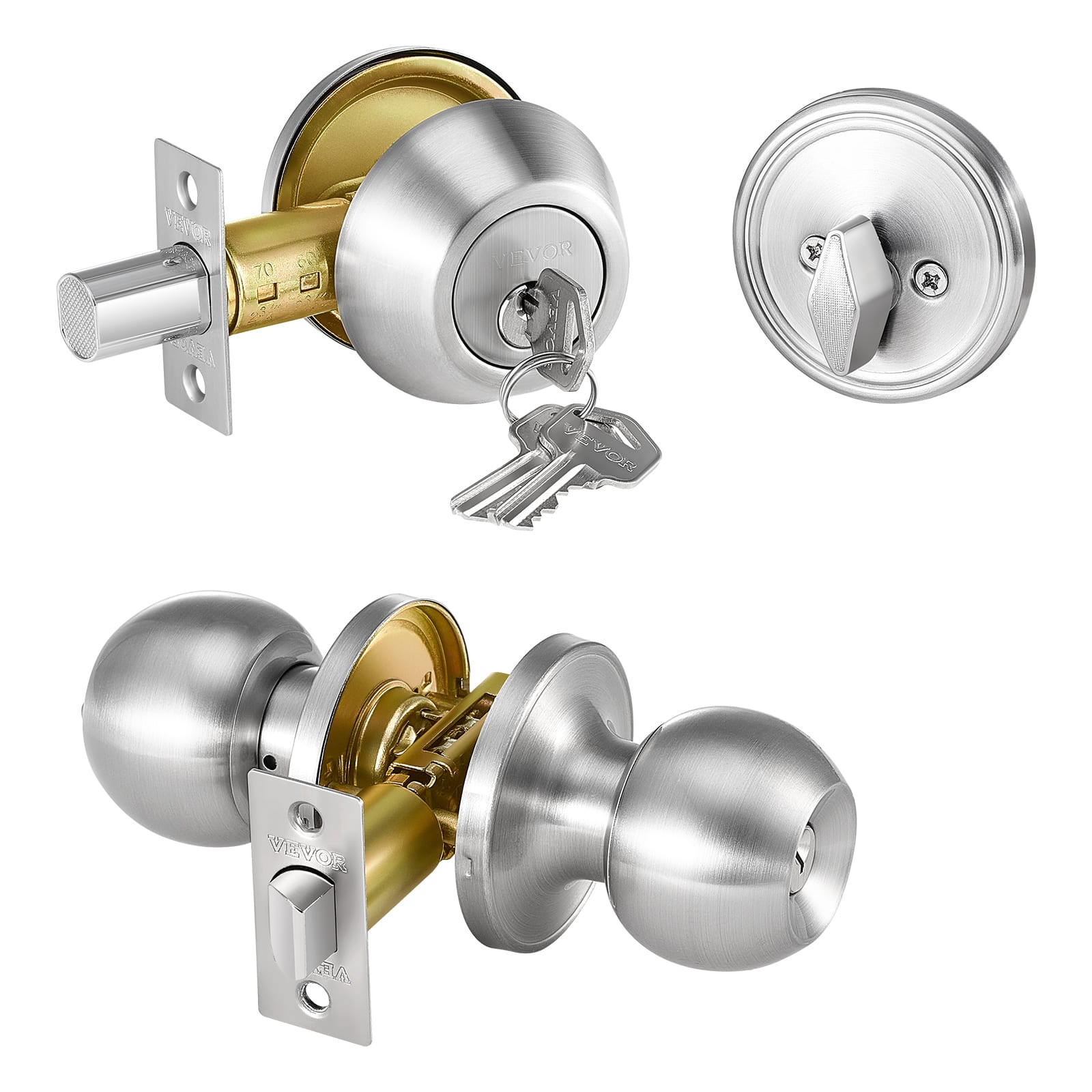 VEVOR - Door Knob and Deadbolt Set, Satin Nickel Entry Door Knob and Single Cylinder Deadbolt Combo Pack - Silver, Yellow