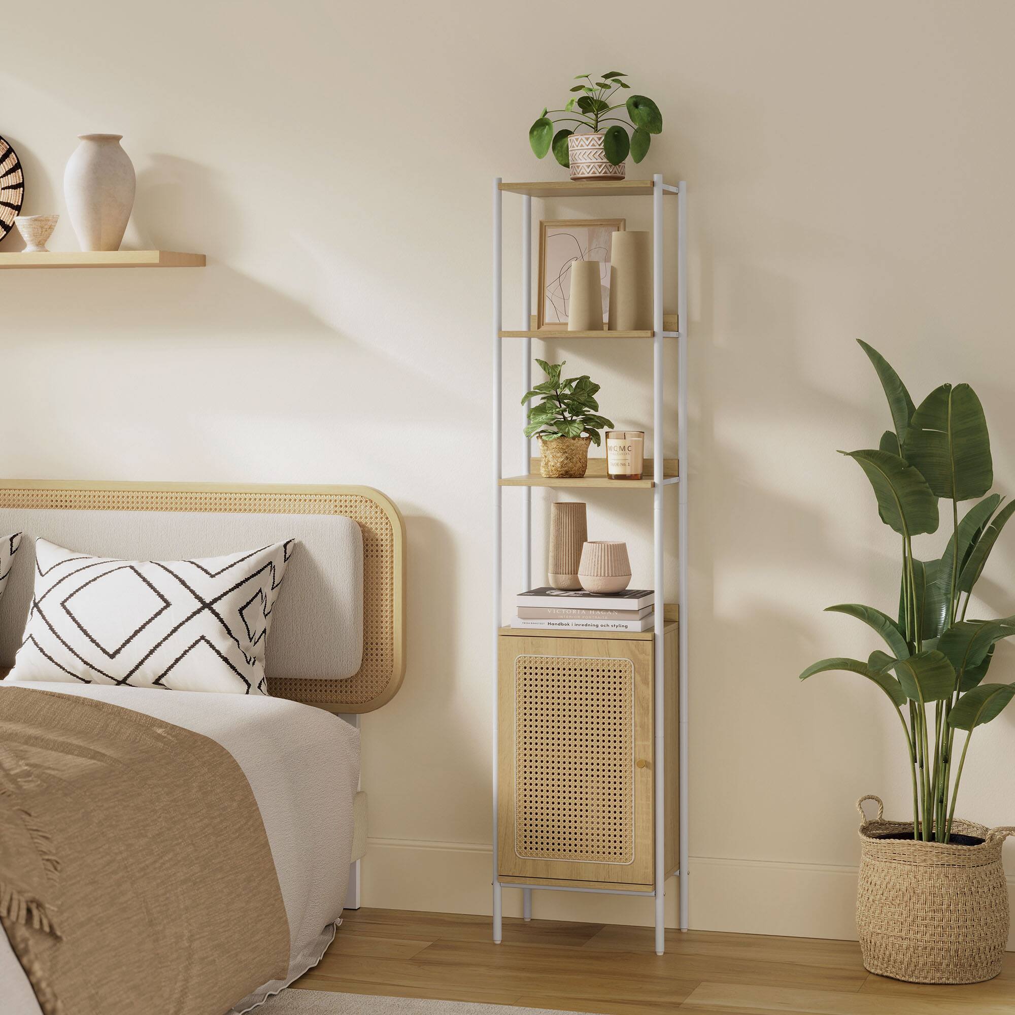 Alt View 5. Songmics Home - 6-Tier Boho Bookcase, Bookshelf with Rattan-Like Door, Adjustable Shelf, for Living Room - Yellow and white.