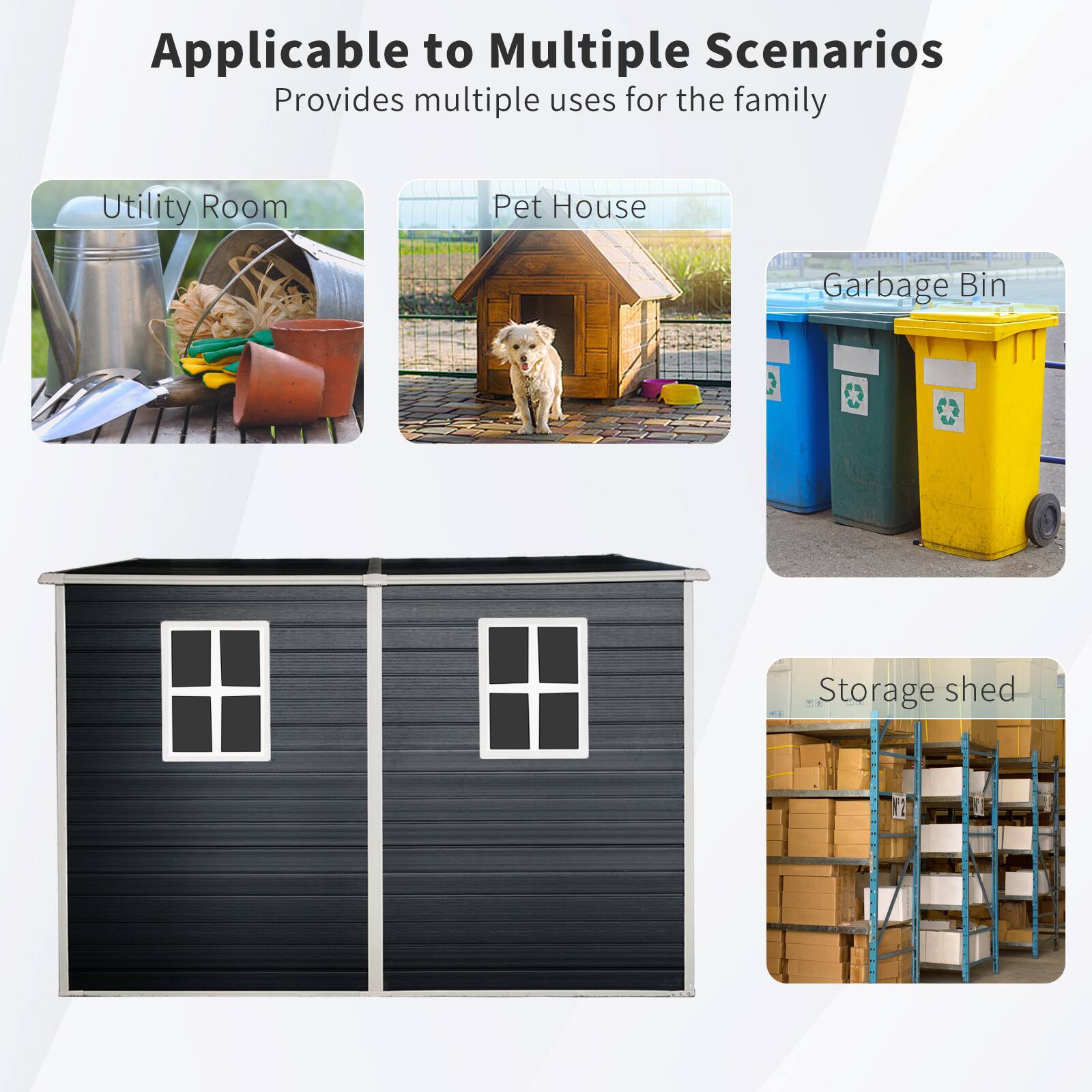 Applicable to Multiple Scenarios  
Provides multiple uses for the family  

- Utility Room  
- Pet House  
- Garbage Bin  
- Storage shed