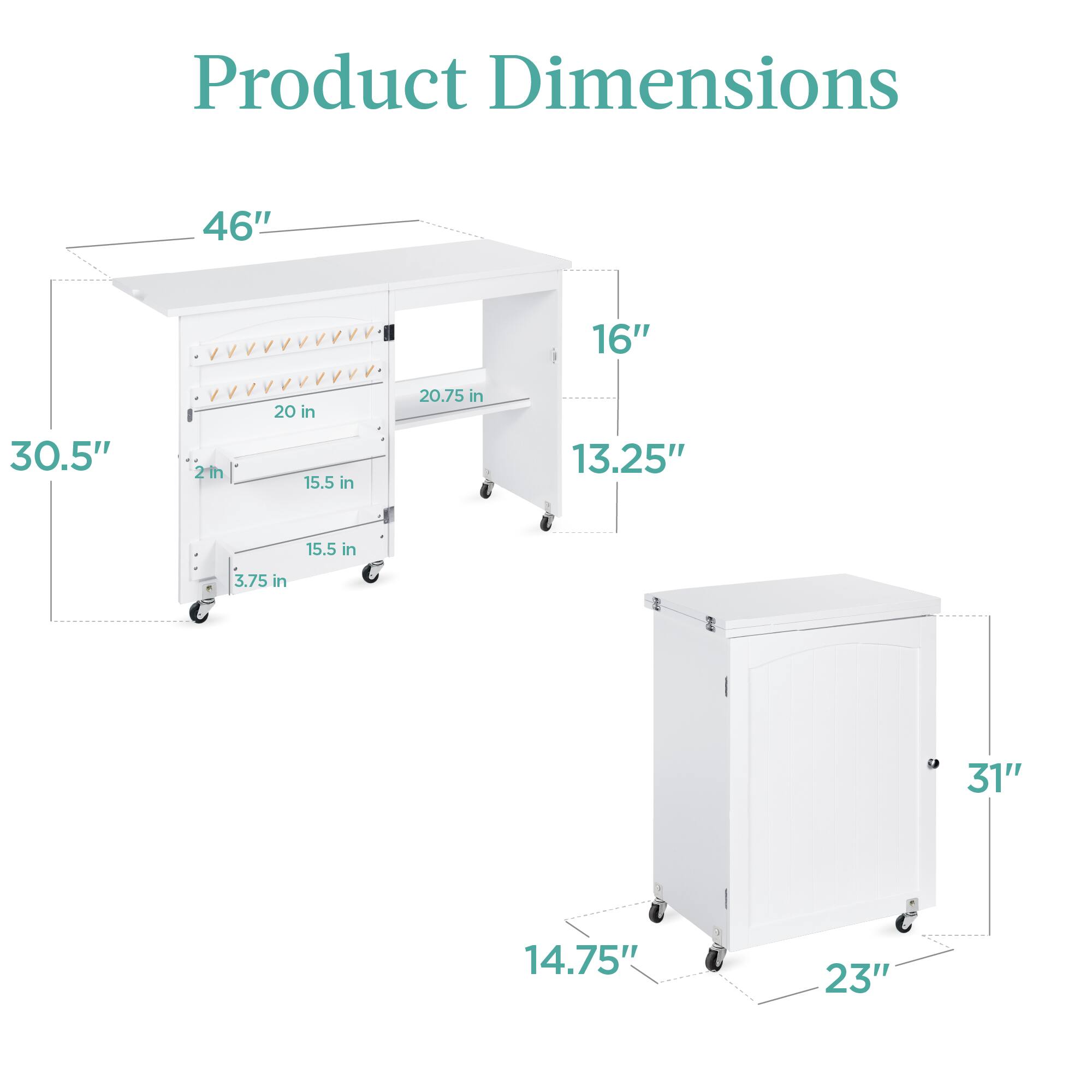Product Dimensions: 46" x 16" x 30.5", 2 in, 20 in, 15.5 in, 20.75 in, 13.25", 15.5 in, 3.75 in, 31" x 14.75" x 23"