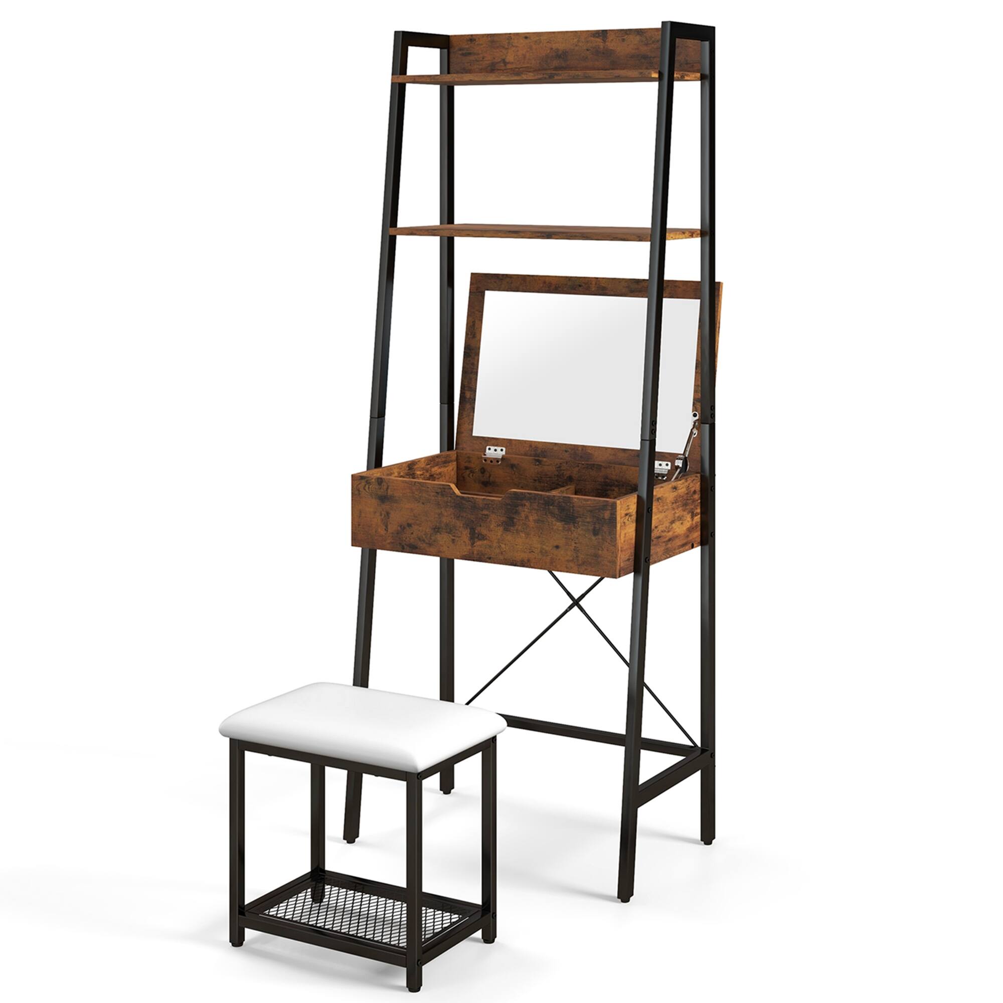 Costway - Vanity Table Set Flip Top Mirror Ladder Storage Shelf Cushioned Stool - Black,Rustic Brown