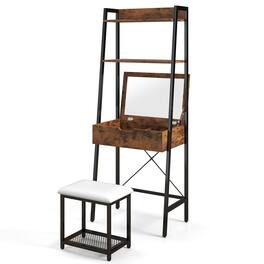 Costway - Vanity Table Set Flip Top Mirror Ladder Storage Shelf Cushioned Stool - Black,Rustic Brown