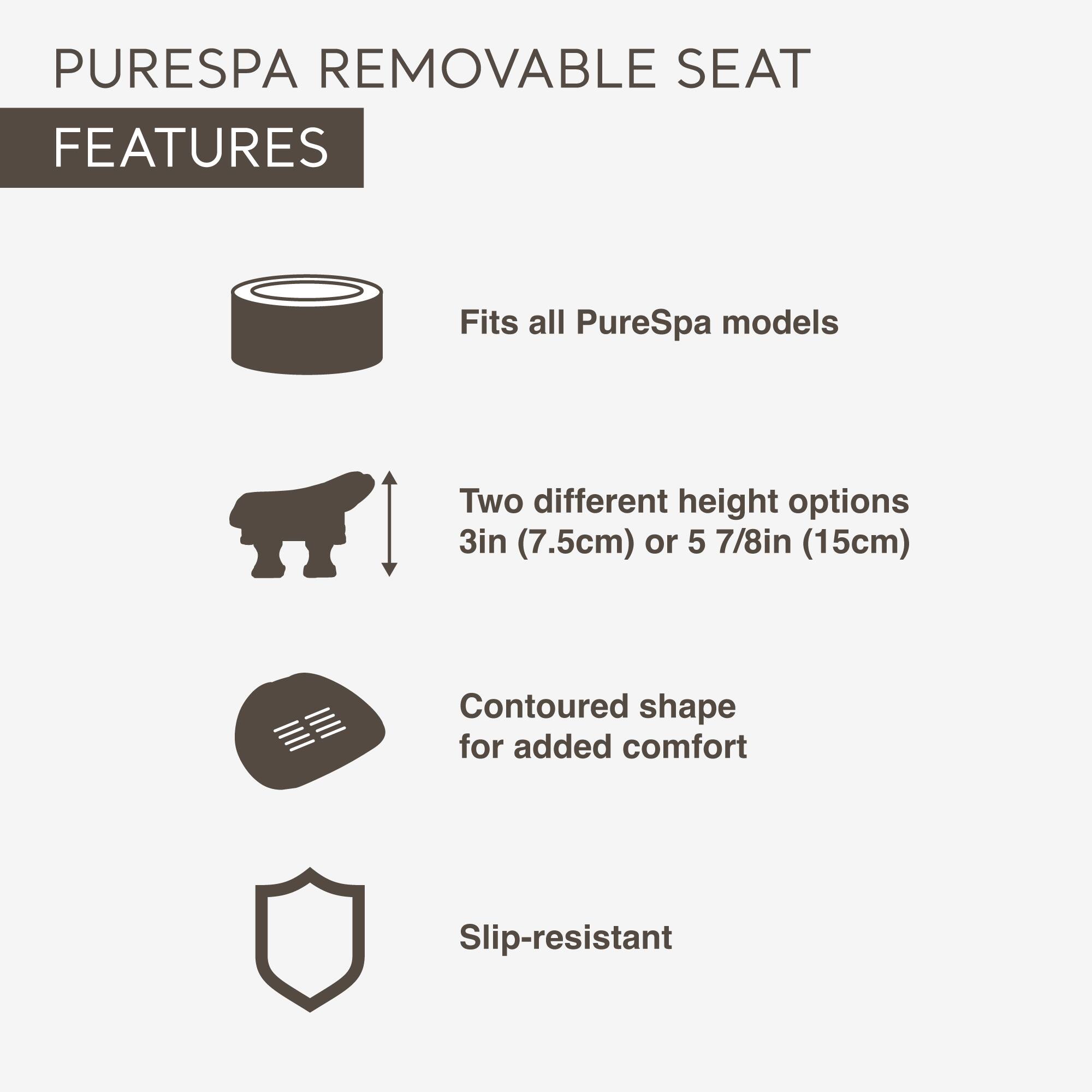 PURESPA REMOVABLE SEAT FEATURES

- Fits all PureSpa models
- Two different height options: 3in (7.5cm) or 5 7/8in (15cm)
- Contoured shape for added comfort
- Slip-resistant