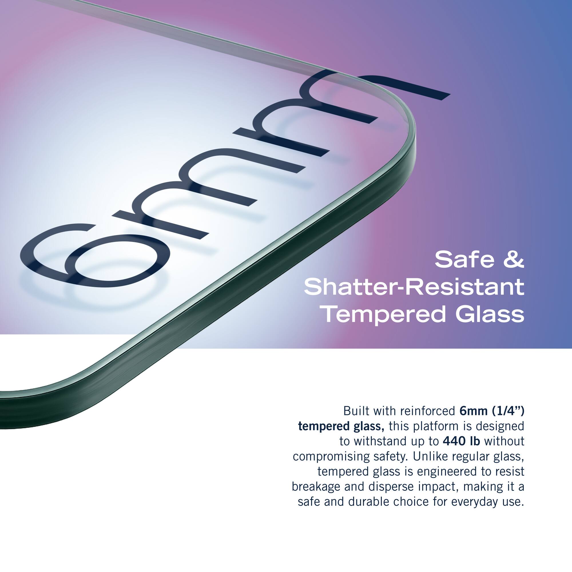 The text on the image is already correctly grouped and written. It is a description of the shatter-resistant tempered glass used in the safe.